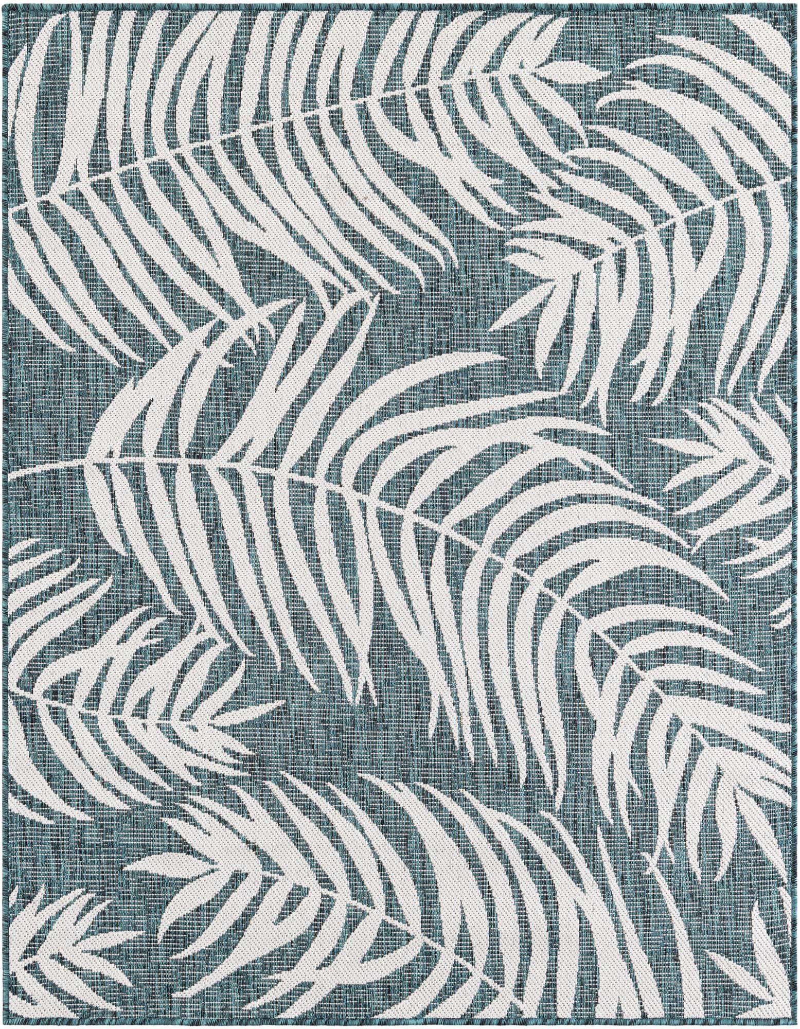 A 5' 3 x 5' 3 square blue and white botanical rug with a modern palm leaf pattern, suitable for indoor/outdoor use.