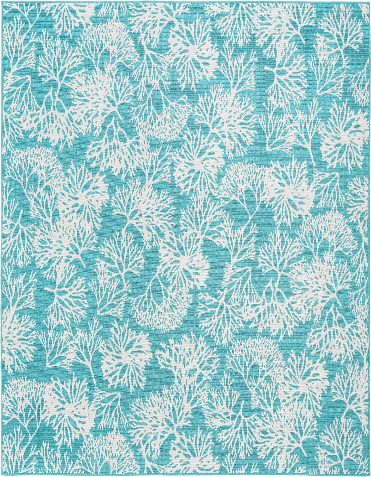 A 10'x10' square blue and white indoor/outdoor rug with a modern coral reef pattern.
