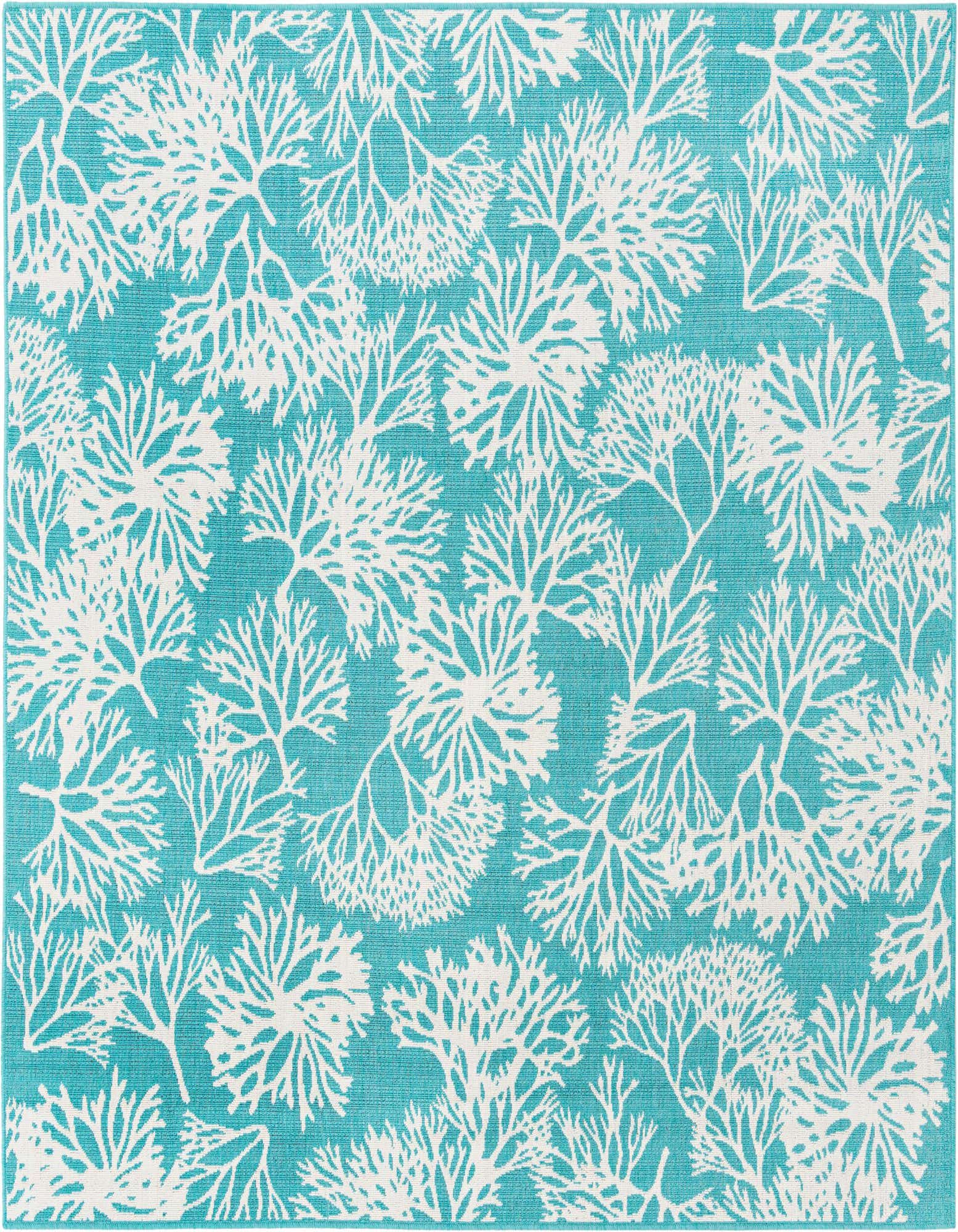 A square 7'10" x 7'10" indoor/outdoor rug with a vibrant teal background and white coral reef pattern, perfect for a patio.