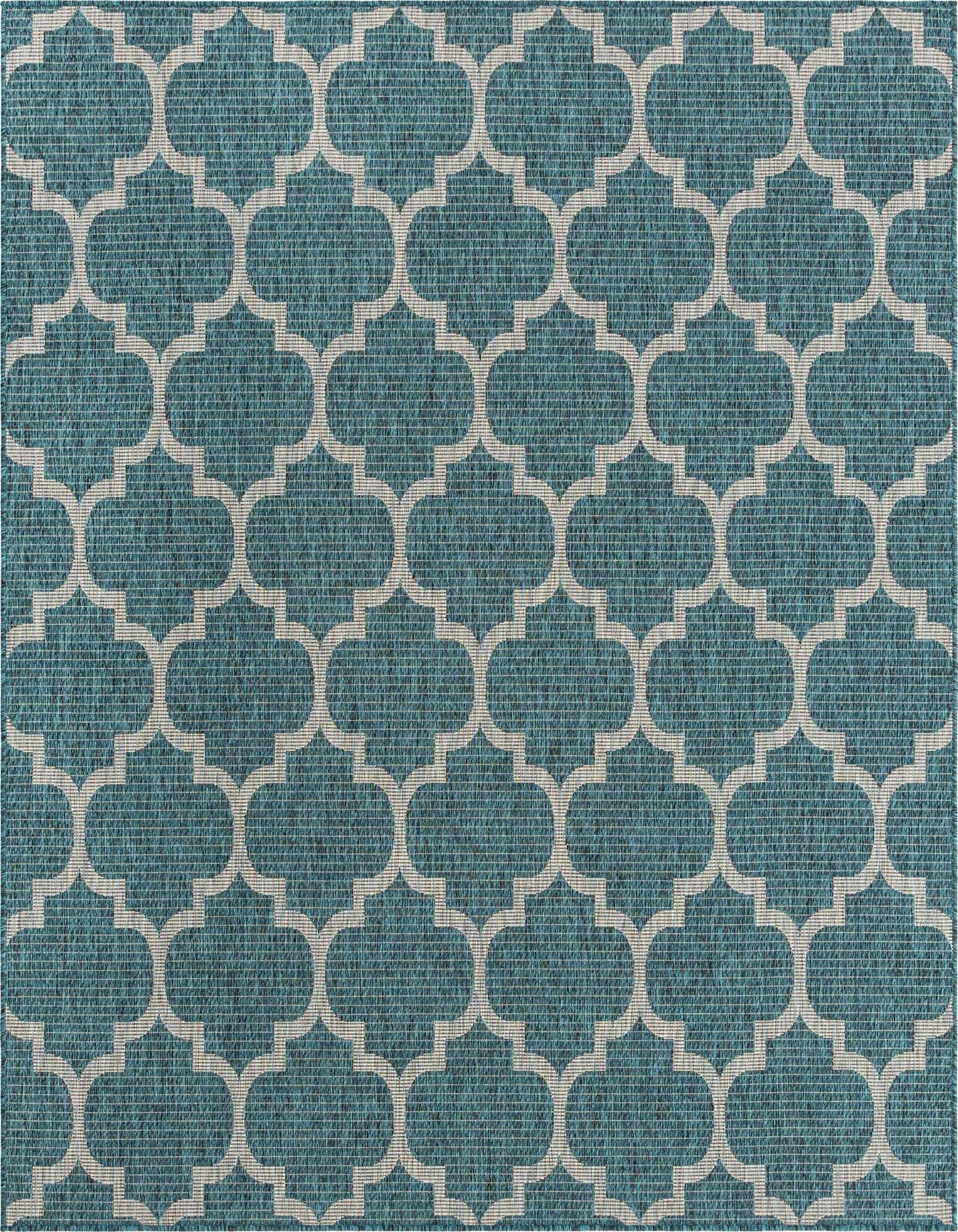 A square 7' 10 x 7' 10 indoor/outdoor rug featuring a teal background with a repeating off-white trellis pattern.