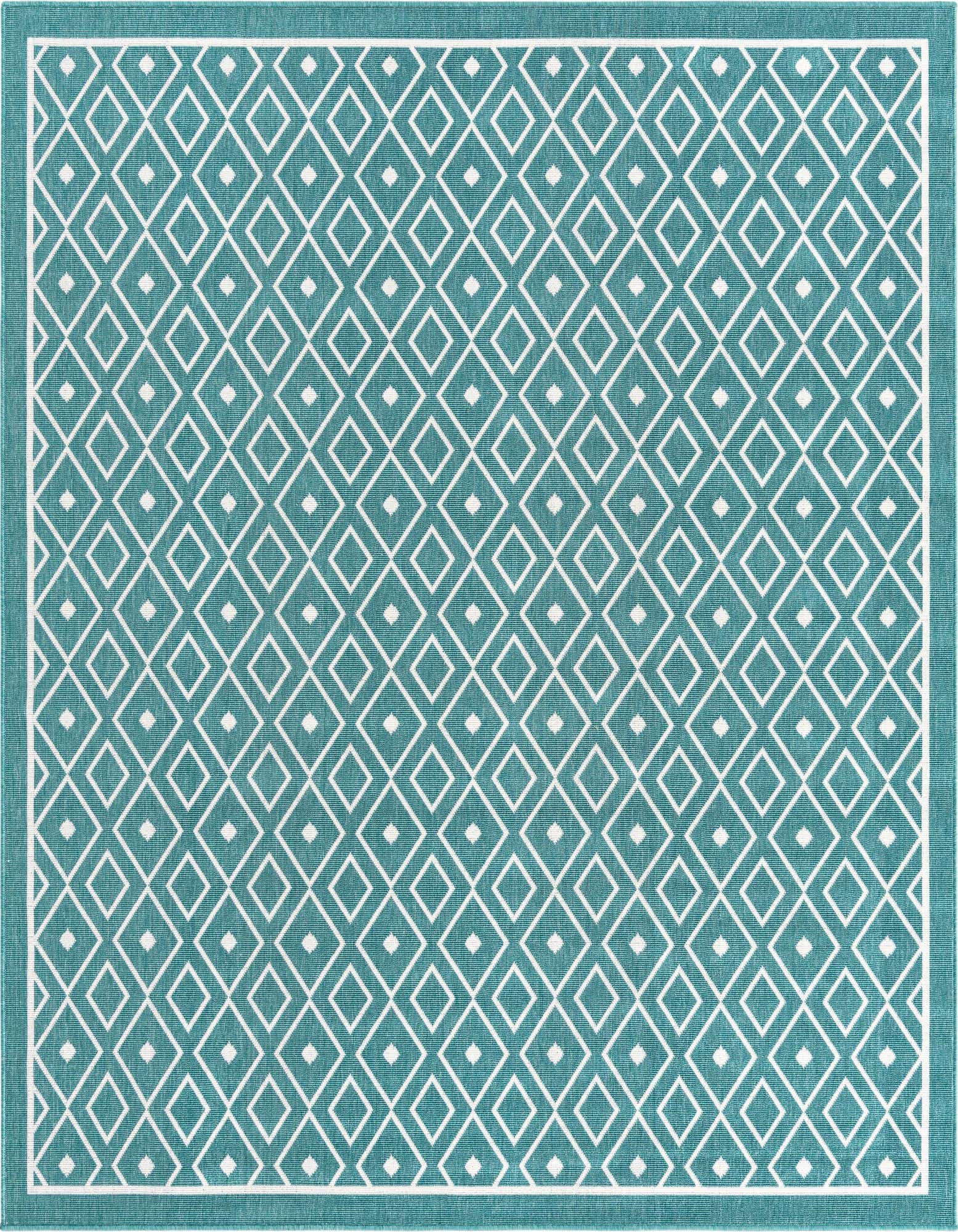 A 7' 10 x 7' 10 square blue and green indoor/outdoor rug with a modern geometric diamond pattern and a flatweave texture.