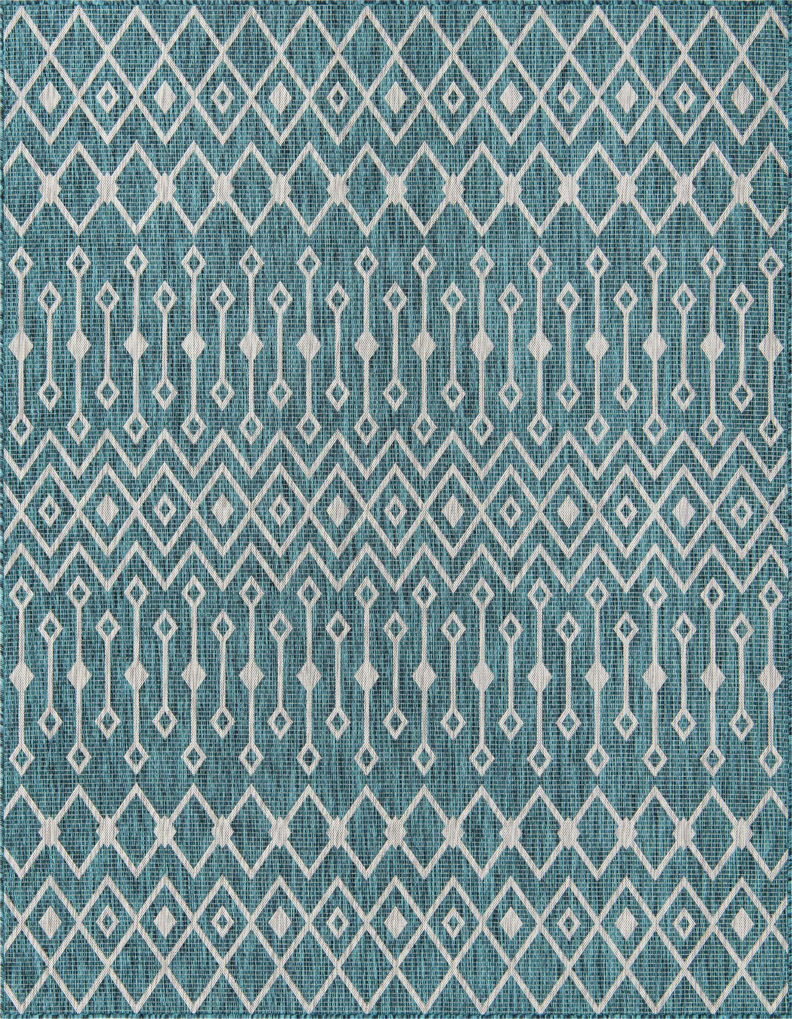 A square 7' 10 x 7' 10 blue and white outdoor rug with a modern tribal lattice pattern.
