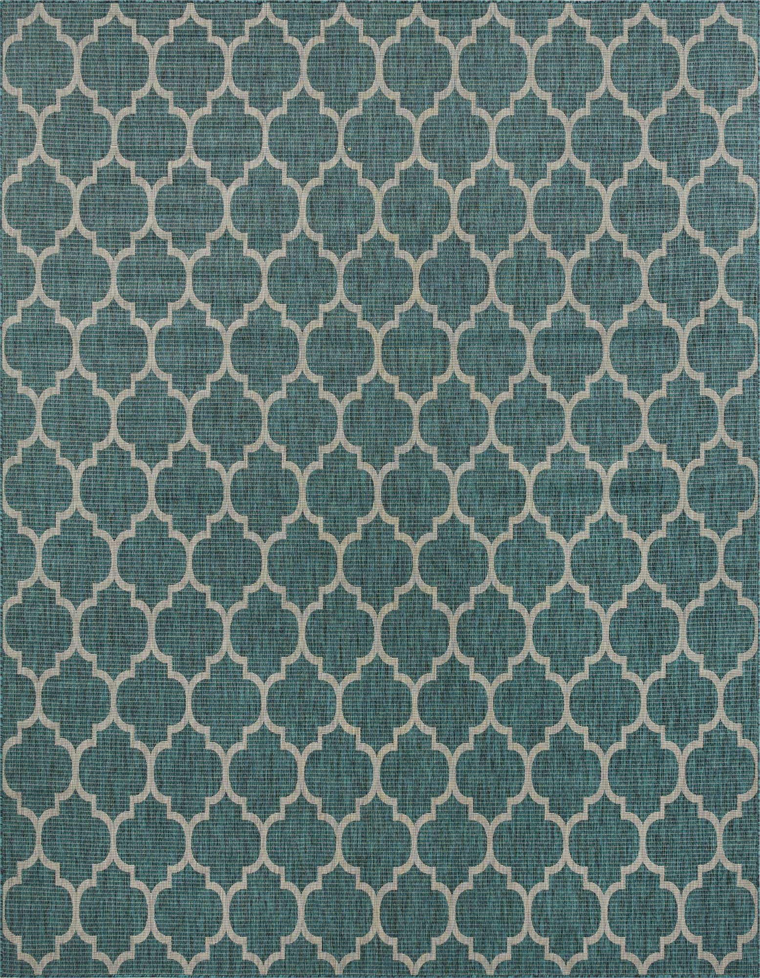 A 13' square blue and green indoor/outdoor rug with a modern trellis pattern, suitable for a patio.
