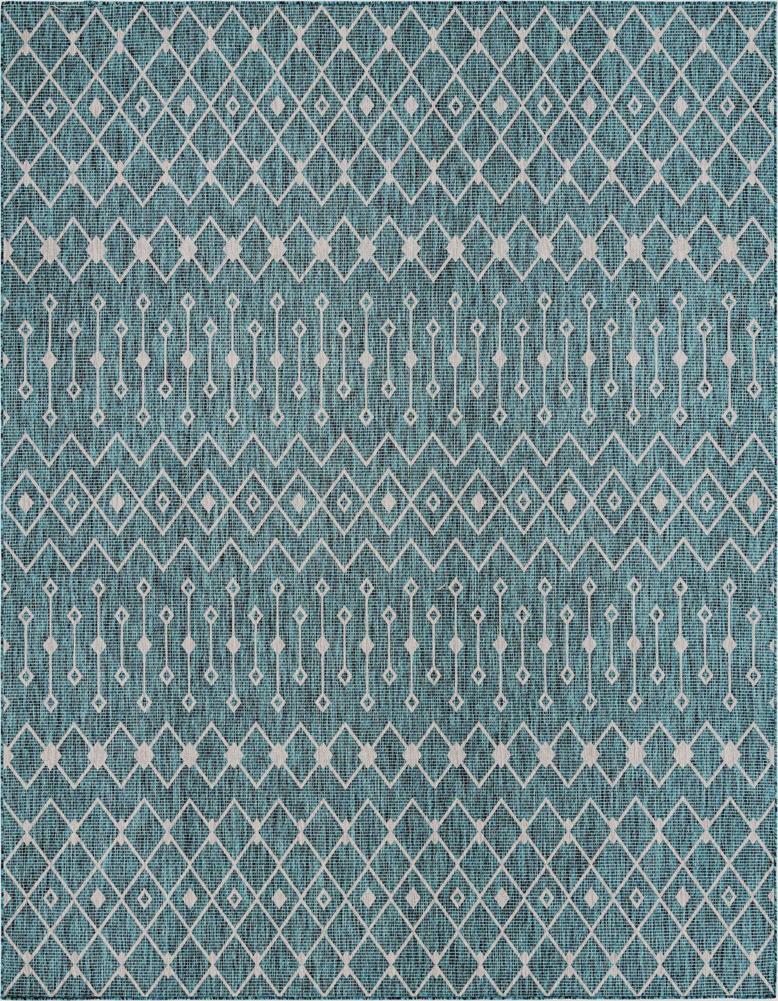 A square 10' 8 x 10' 8 blue and green flatweave rug with a modern tribal lattice pattern, suitable for a patio.