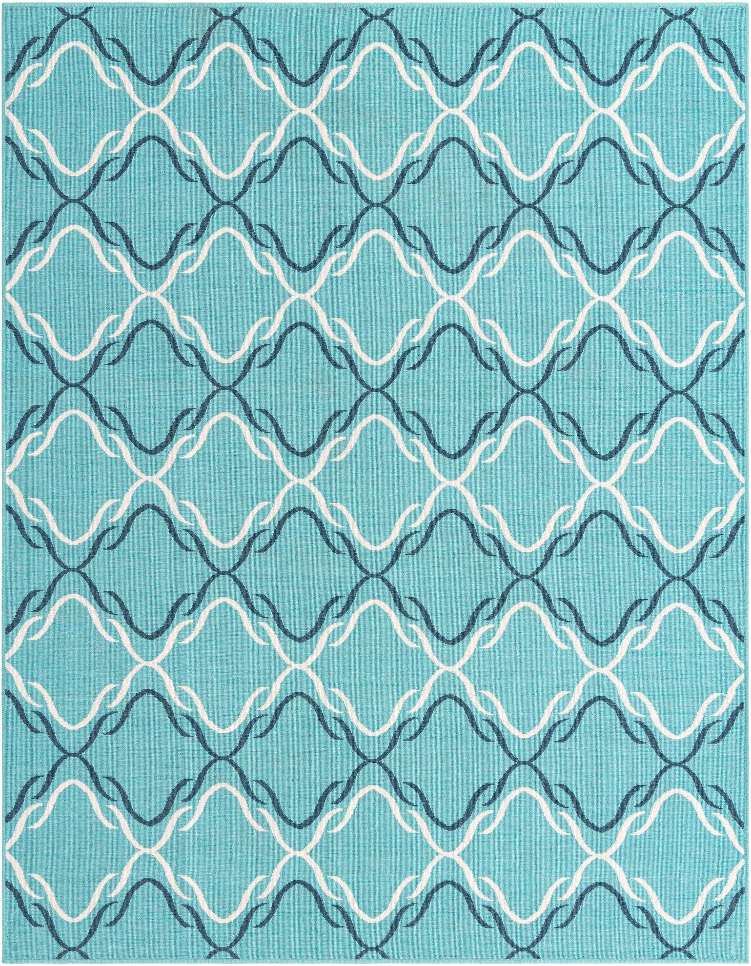 A 7' 10 x 7' 10 square turquoise rug with a modern lattice pattern in white and dark blue, suitable for indoor or outdoor use.