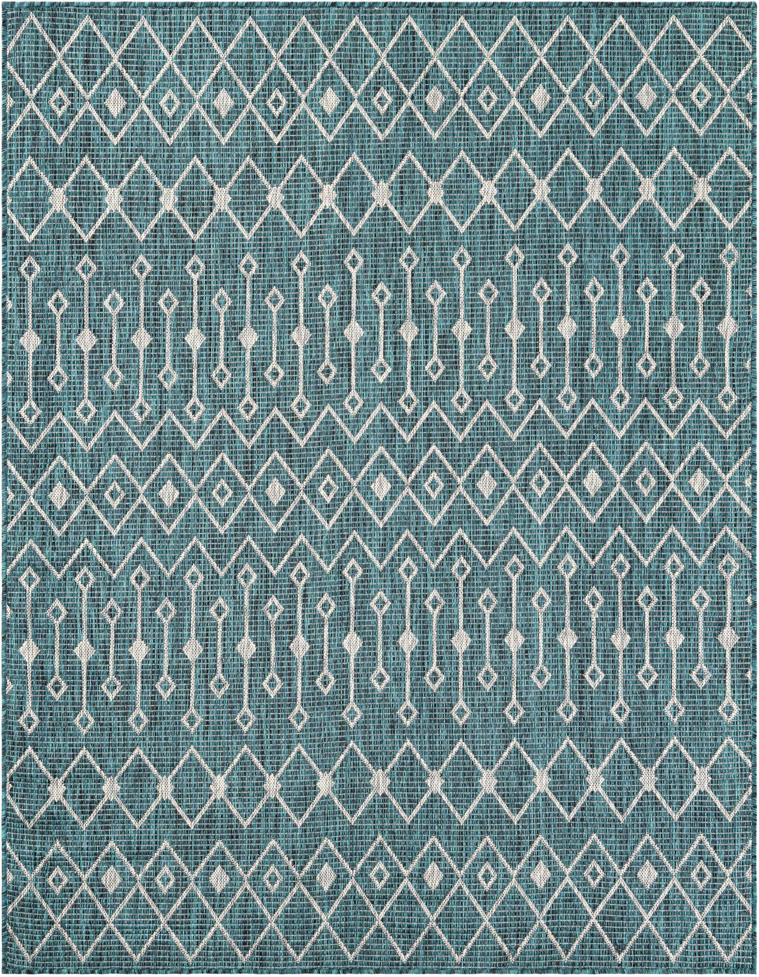 A 6x6 square teal and cream modern trellis rug with geometric patterns, ideal for indoor or outdoor spaces.