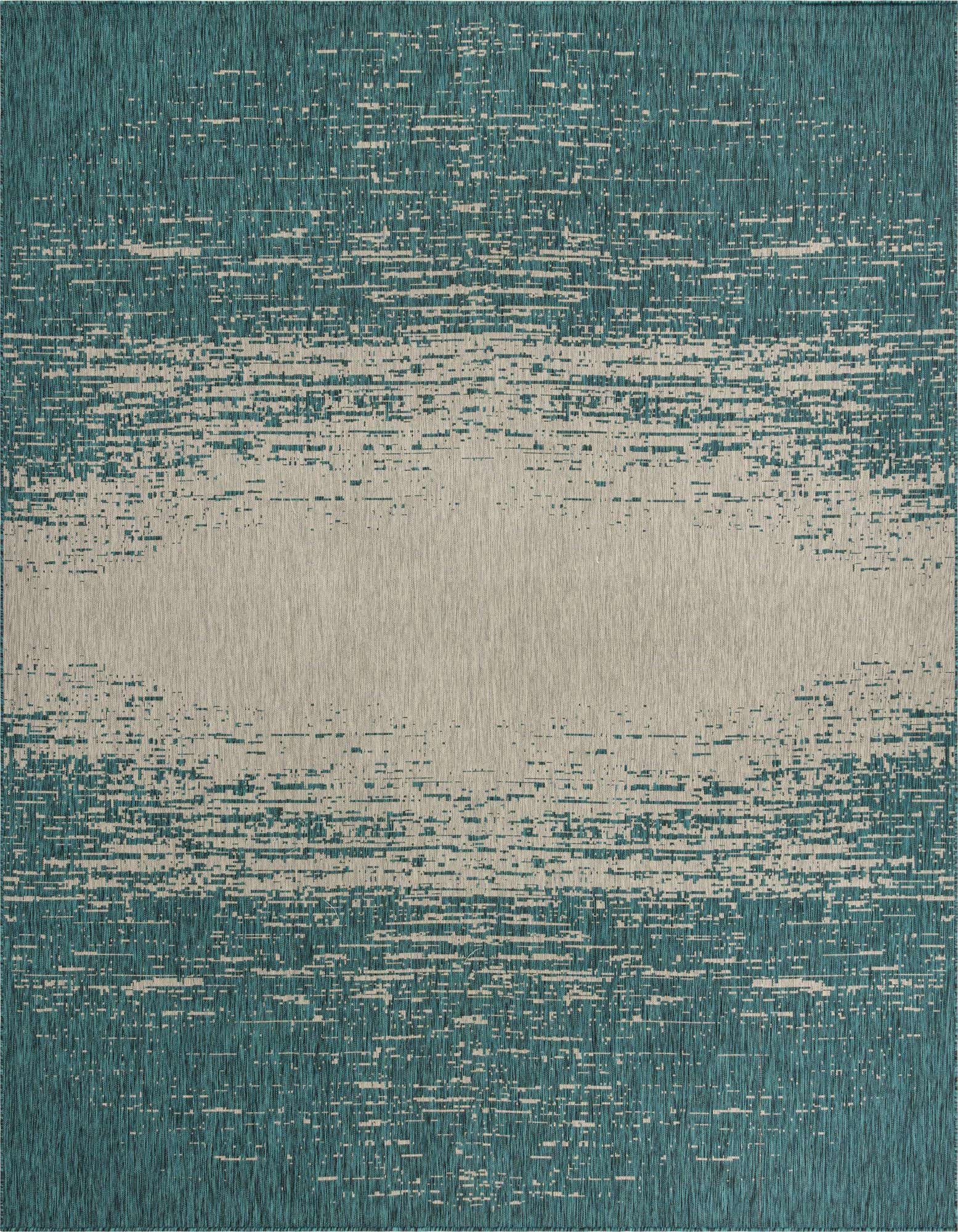 A 13' square blue and beige modern vintage outdoor rug with a textured flatweave design.