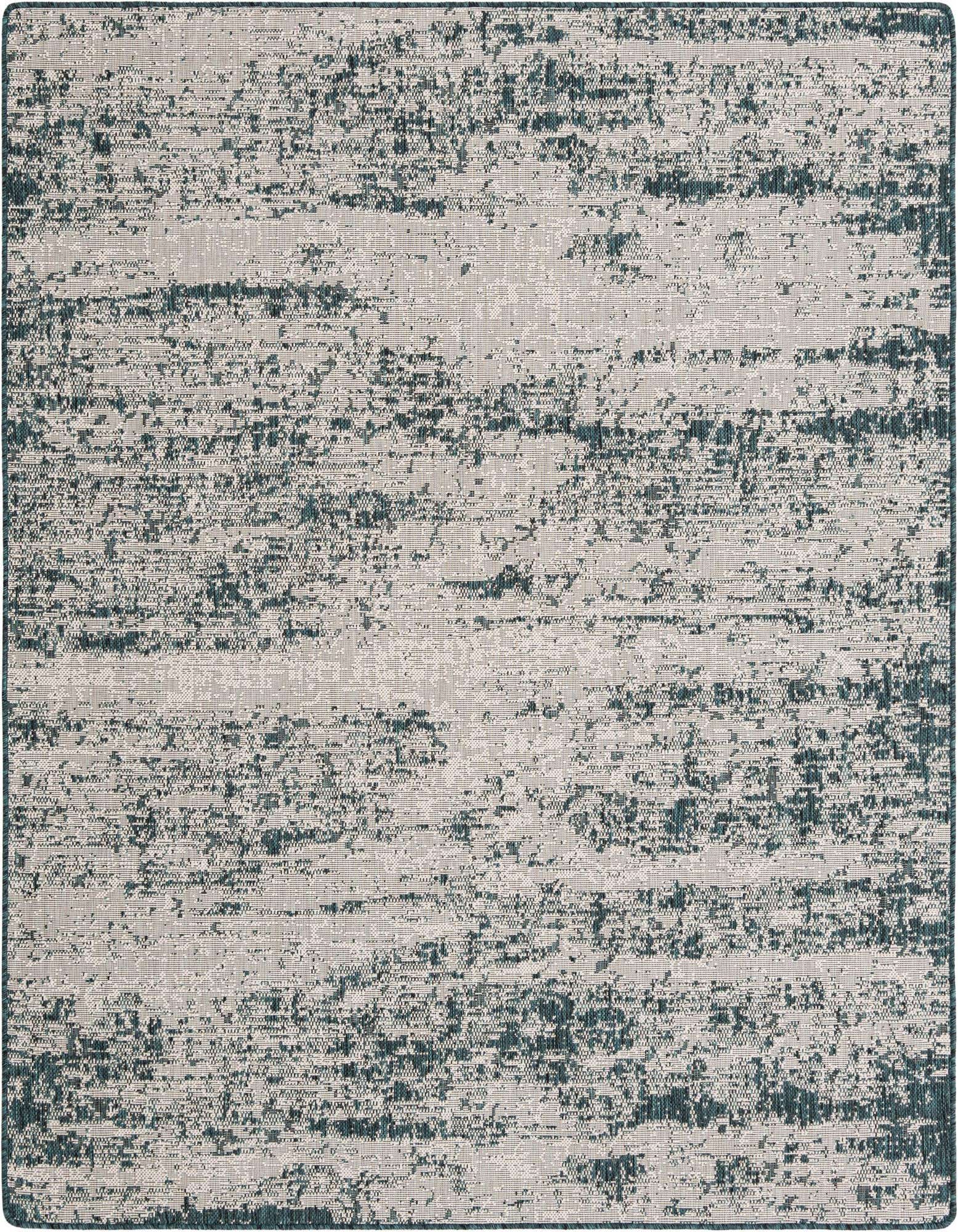 A square 6' 0 x 6' 10 indoor/outdoor rug with a textured, distressed modern pattern in shades of blue and green.