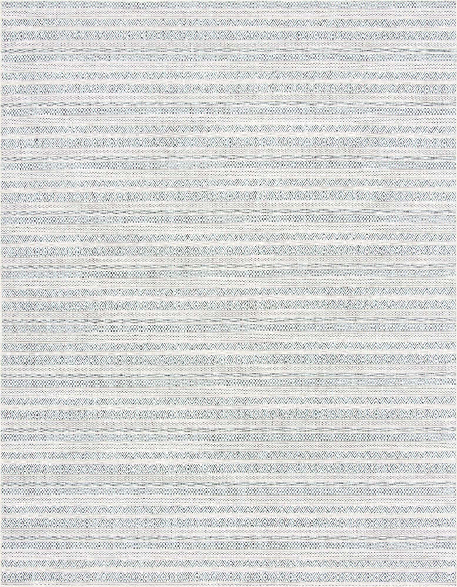 A 10'x10' square indoor/outdoor rug with alternating stripes of light blue, teal, and off-white in tribal and geometric patterns.
