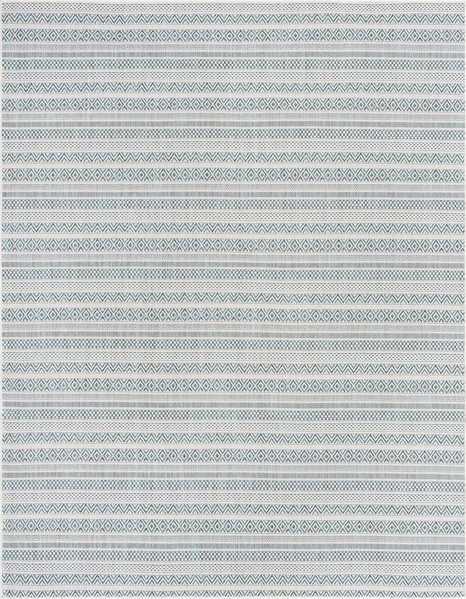 A square 7' 10 x 7' 10 Rugs.com Outdoor Ribbon rug featuring a modern tribal pattern in shades of blue and green on a light background, suitable for a patio.