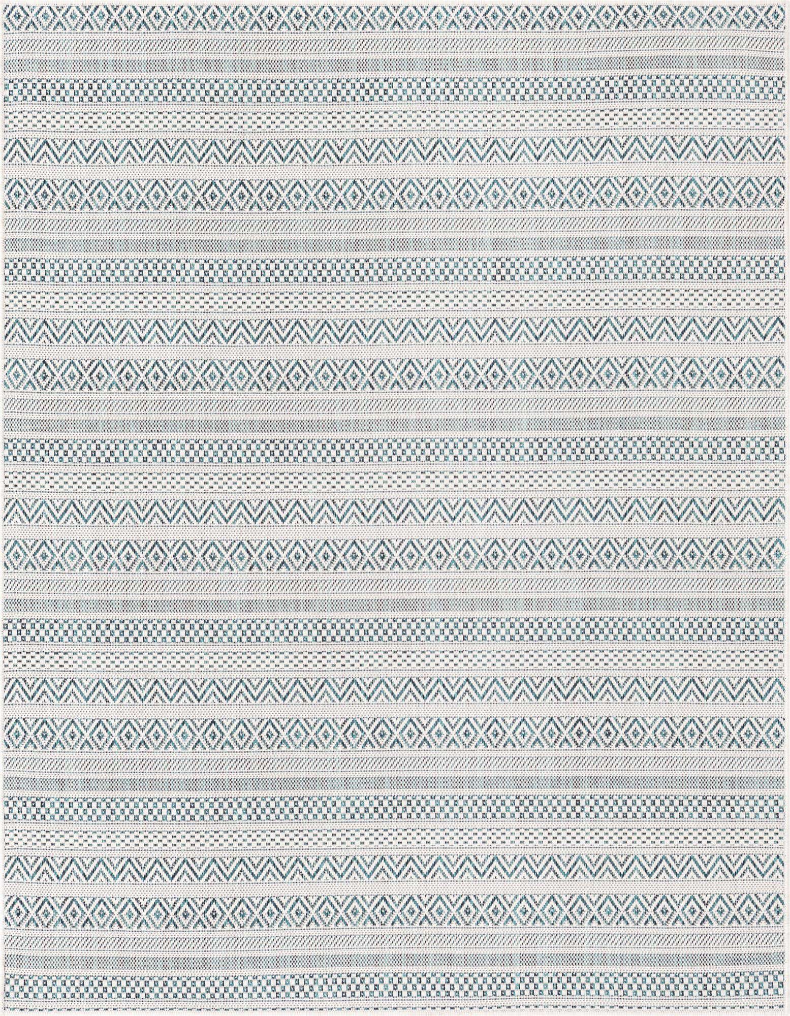 A 5'3" x 5'3" square indoor/outdoor rug with alternating stripes of blue tribal patterns and solid light blue/green bands.
