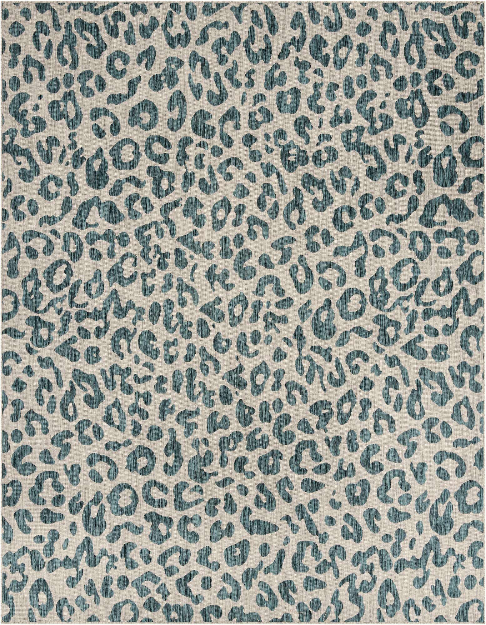A 10' 8 x 10' 8 square indoor/outdoor rug with a modern blue and green leopard print pattern on a light background.