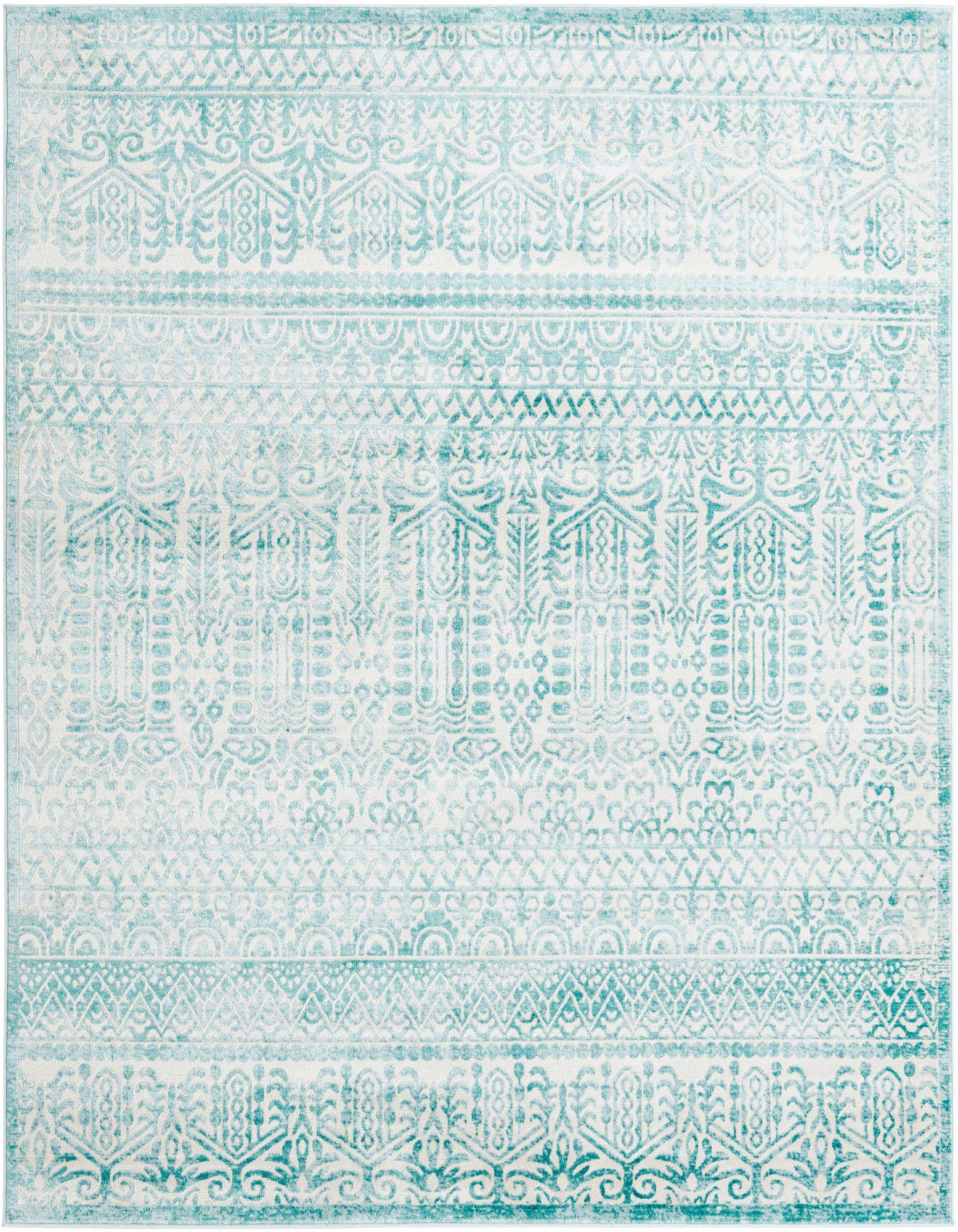 A square 7' 10 x 7' 10 blue and white farmhouse rug with a distressed stripe pattern, perfect for an indoor living space.