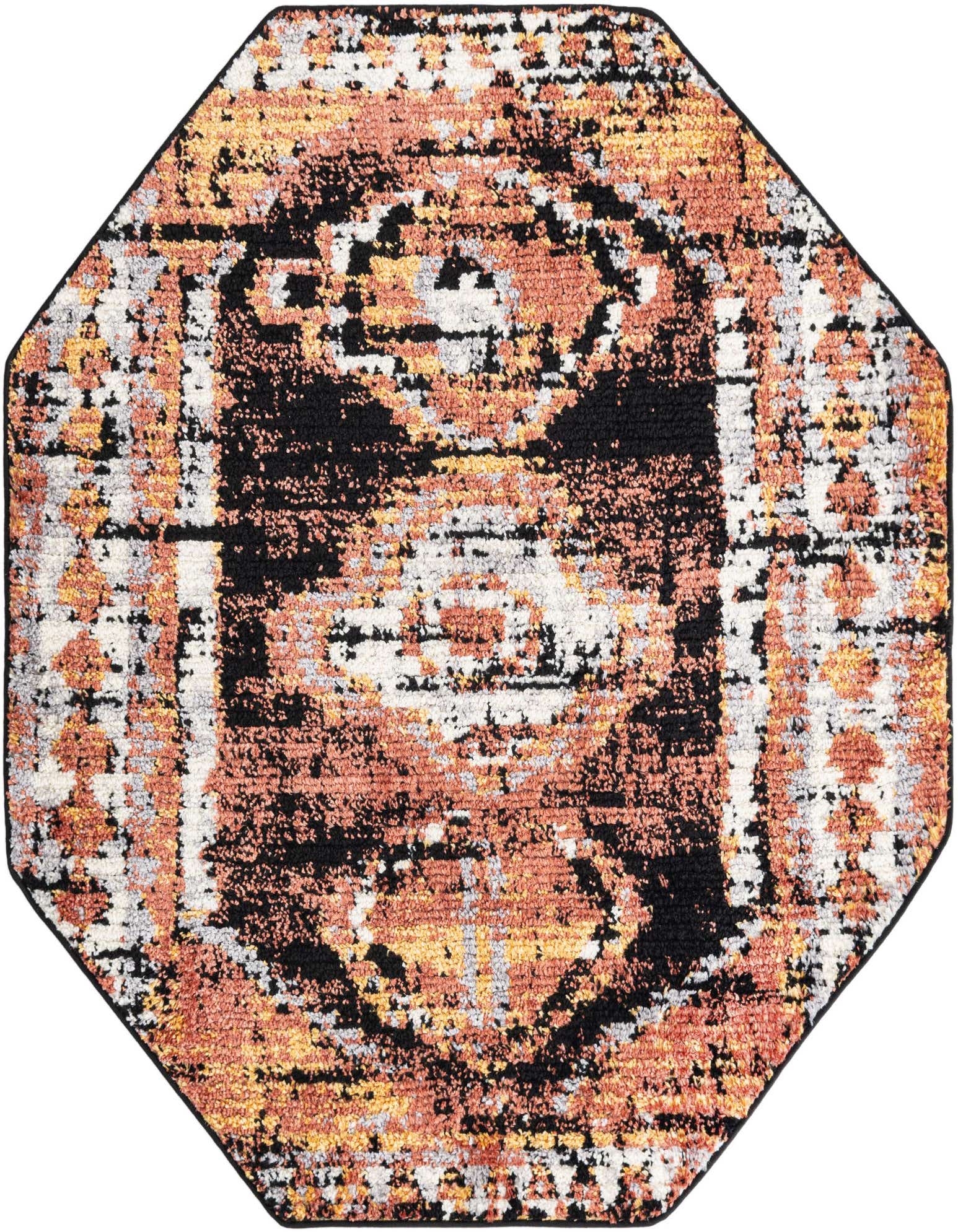 Rugs.com Tagine 5'3" x 5'3" octagon rug featuring a distressed Southwestern pattern in oranges, reds, black, and white.