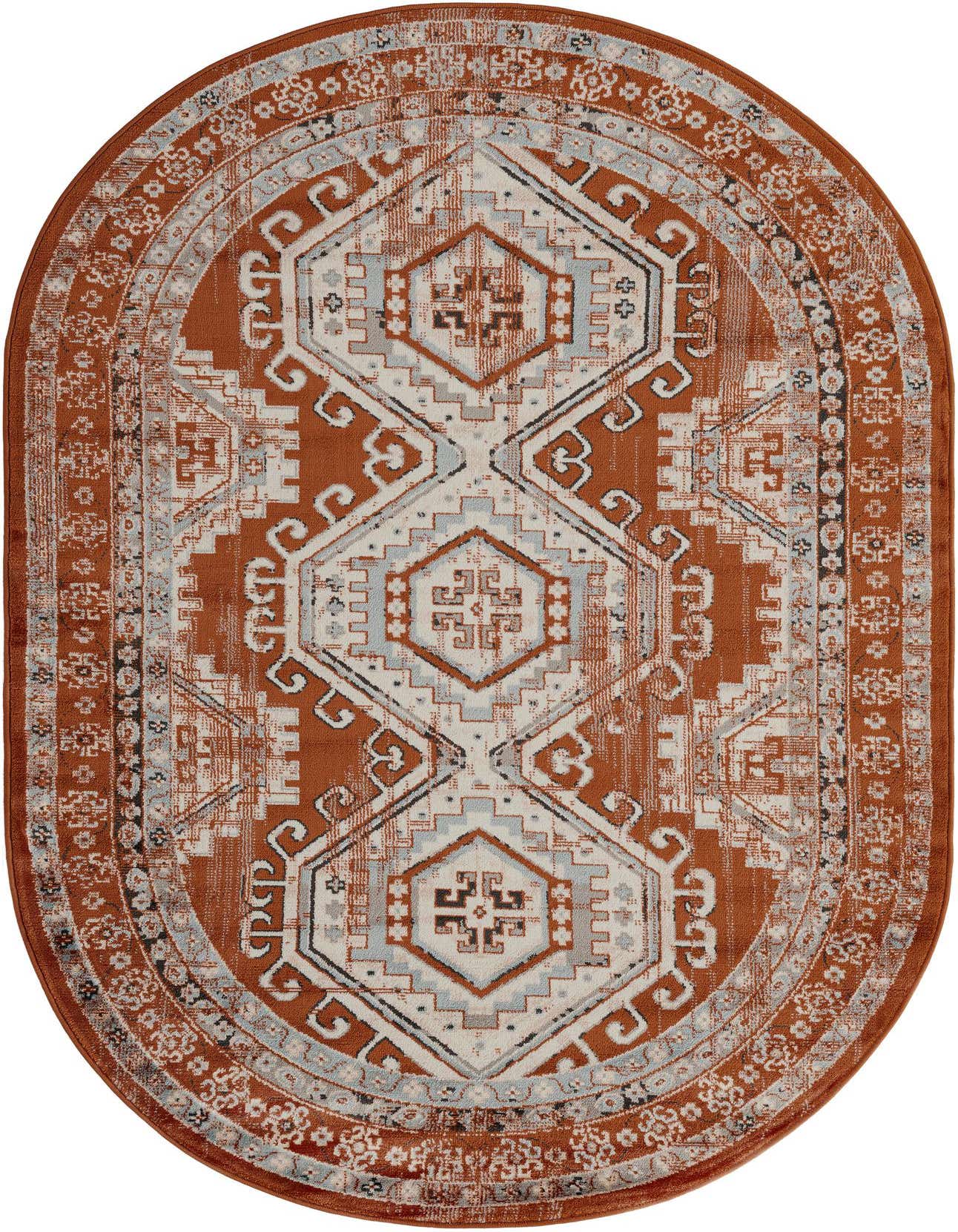 An oval 5'3" x 8'0" orange, red, and white traditional tribal rug with a southwestern pattern.