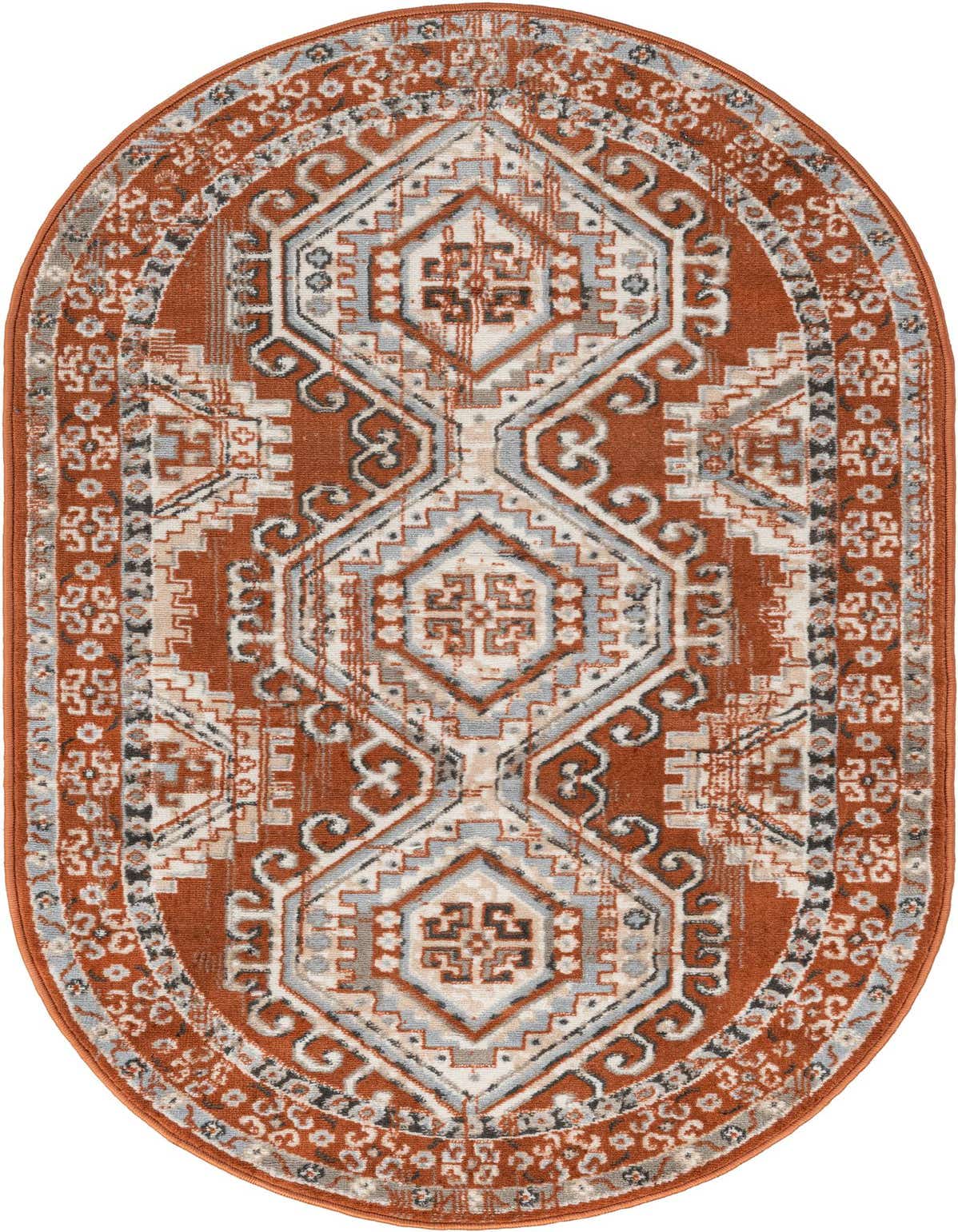 An oval 3' 1 x 5' 3 Southwestern rug in shades of orange, red, and grey with a traditional tribal pattern.