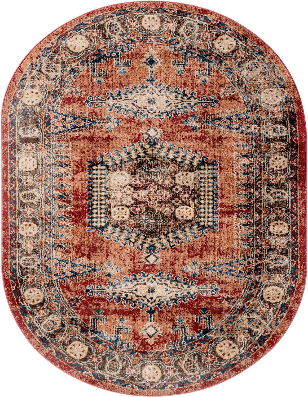 An oval 5'3" x 8'0" Eden collection rug featuring a distressed traditional medallion pattern in shades of orange, red, and blue.