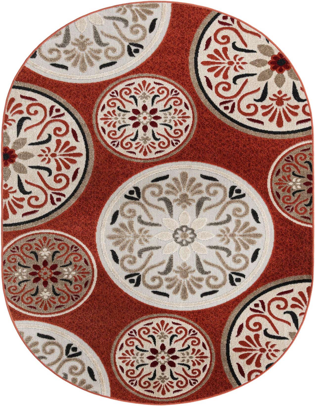 An oval 5' 3 x 8' 0 indoor/outdoor rug with a vibrant orange background and large cream-colored medallions featuring botanical and floral patterns in red, black, and beige.