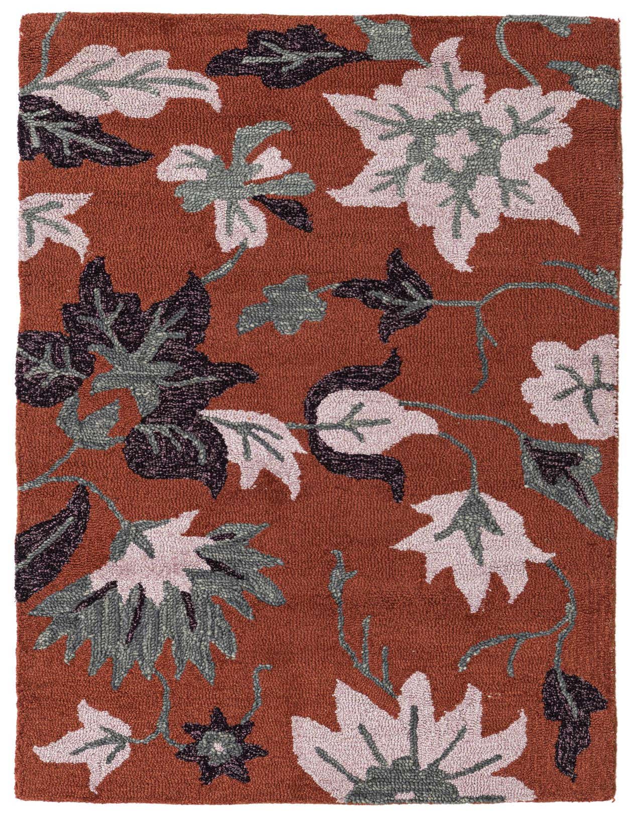 A 3x5 rectangular orange area rug with a modern floral pattern in shades of light pink, dark purple, and sage green.