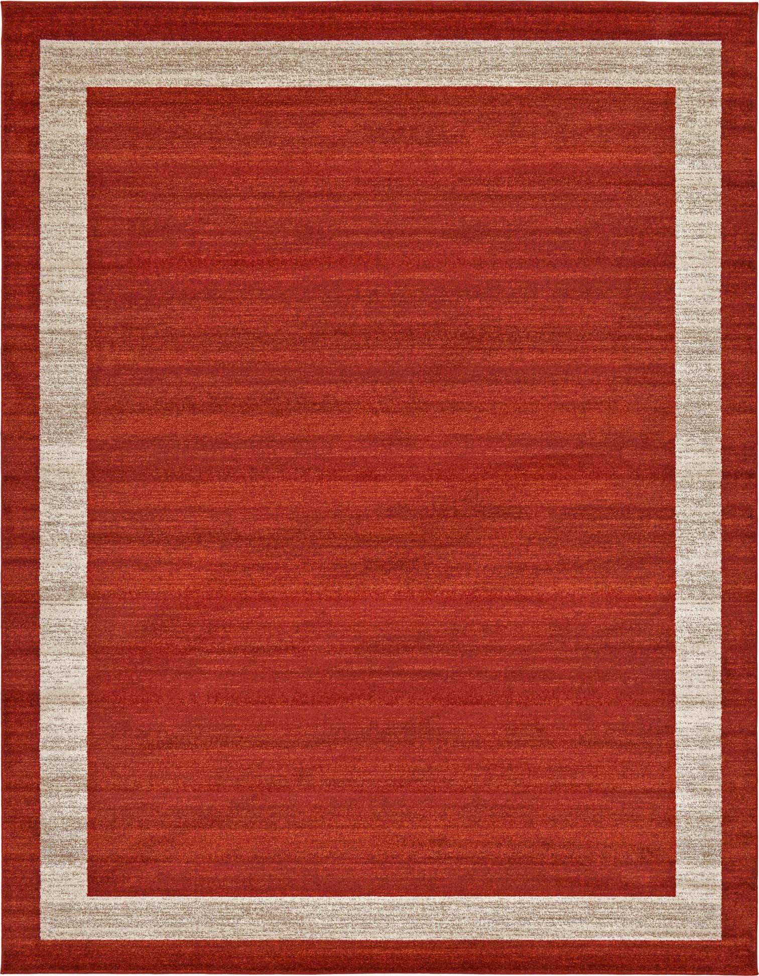 A 9x12 rectangular orange area rug with a solid red-orange center and a wide, light beige border.