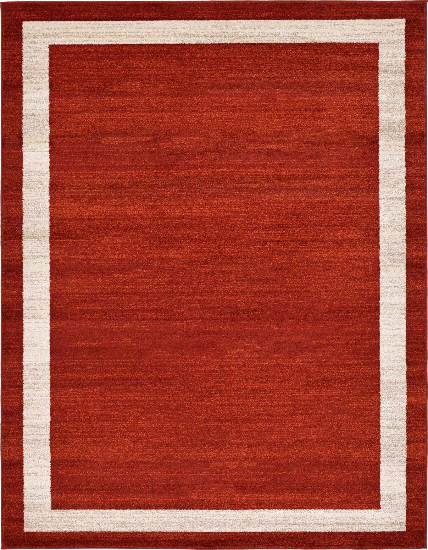 A 6x9 rectangular orange area rug with a subtle red border and a thin cream inner border, suitable for a living room.