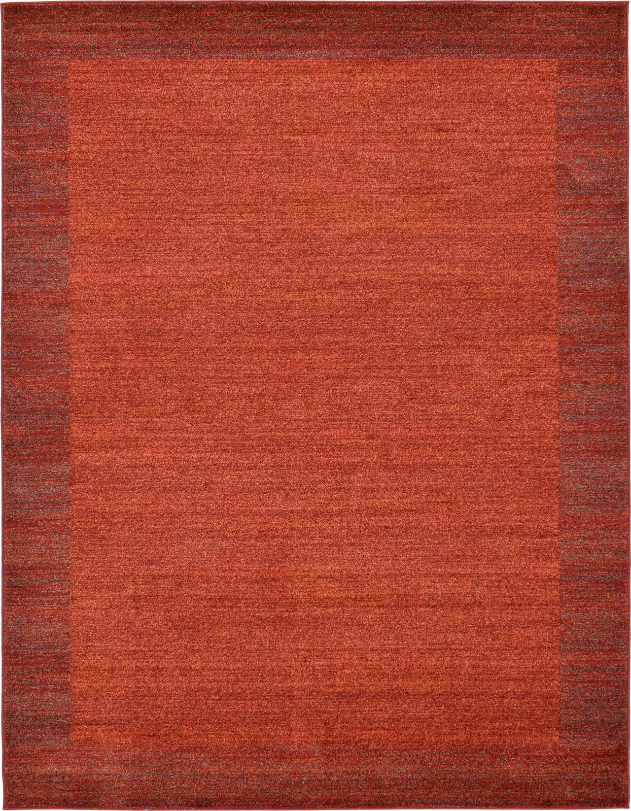 A 5x8 rectangular Angelica rug from Rugs.com with a solid orange-red center and a subtle darker red border, suitable for a living room.