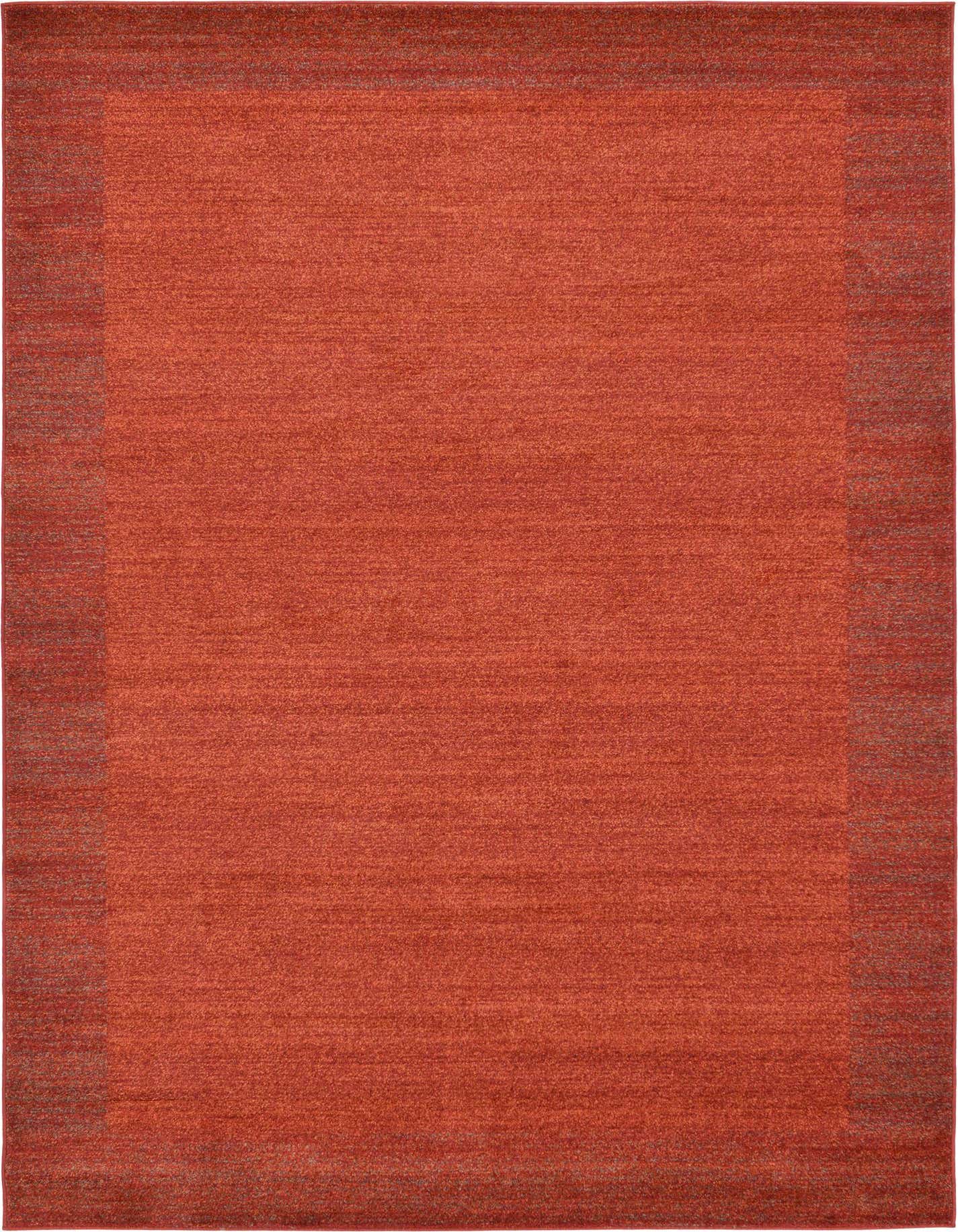 A 7x10 rectangular orange area rug with a subtle red border, showcasing a solid, textured design.