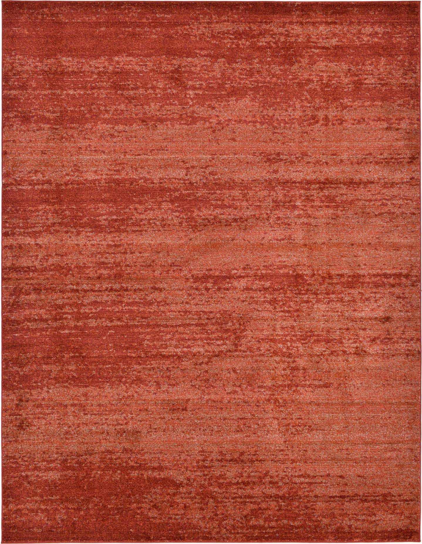 A rectangular 8x11 orange and red contemporary area rug with a subtle striped, distressed pattern.