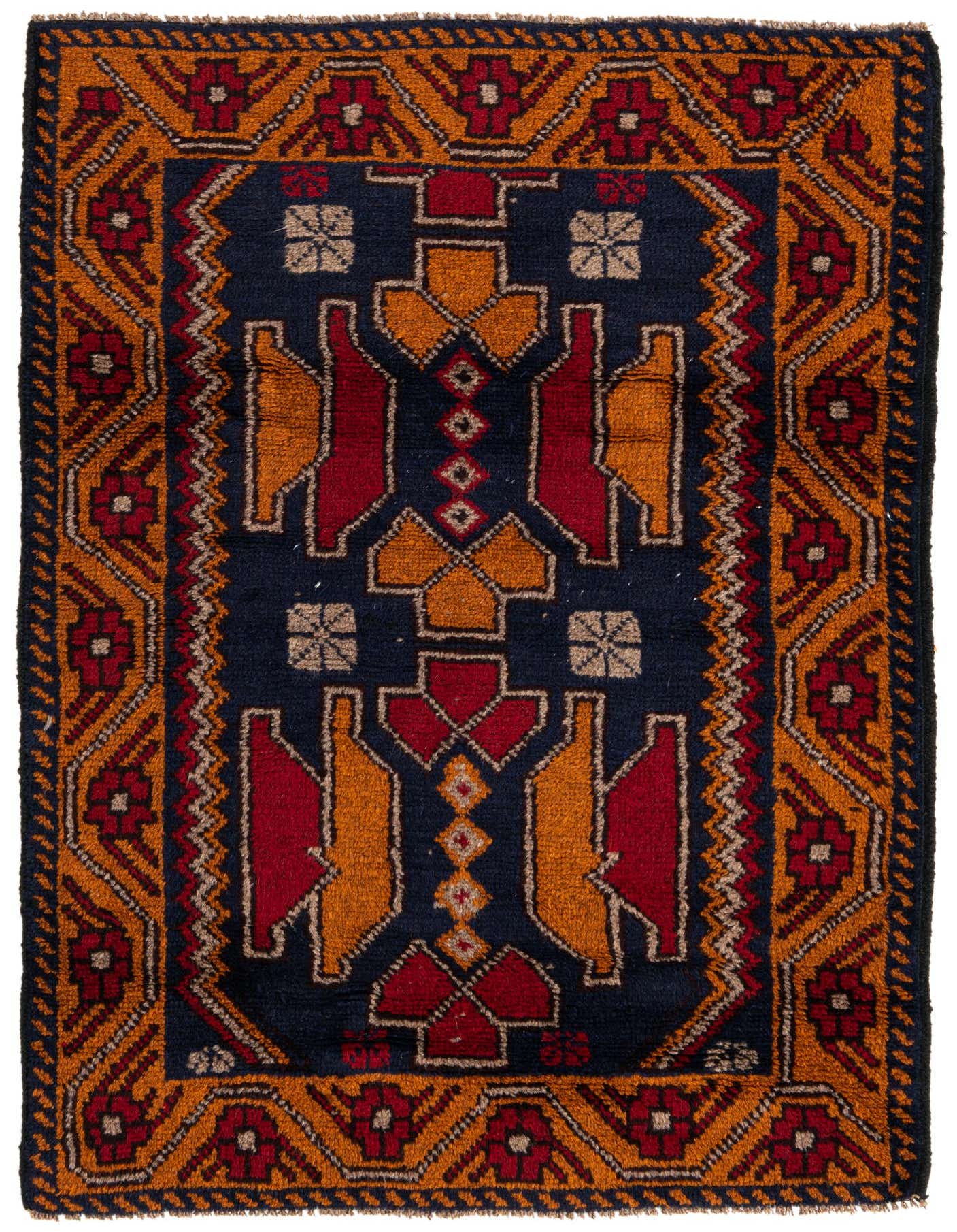 A rectangular 3x5 Balouch rug featuring a traditional tribal pattern in deep navy, vibrant orange, and rich red, with a thin pile.