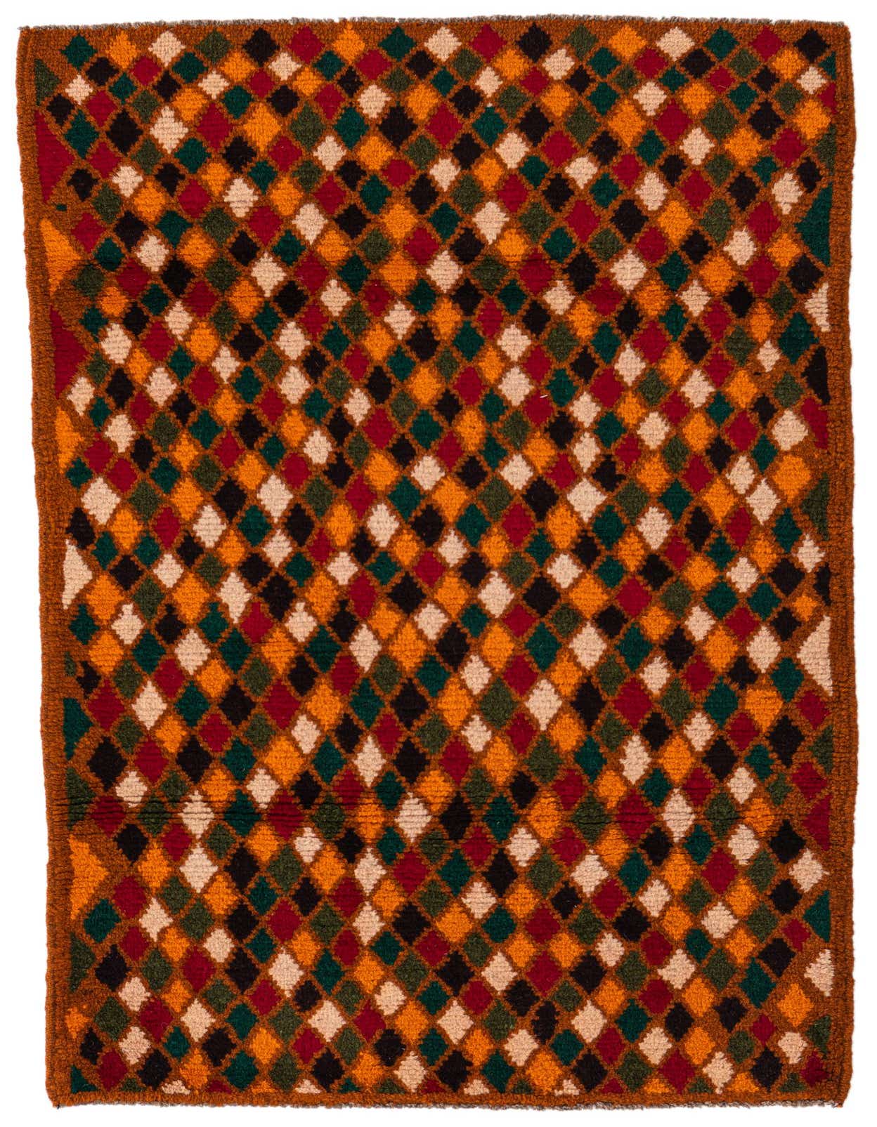 A 3x4 rectangular Balouch rug with a traditional tribal pattern of colorful diamonds in oranges, reds, greens, black, and cream.