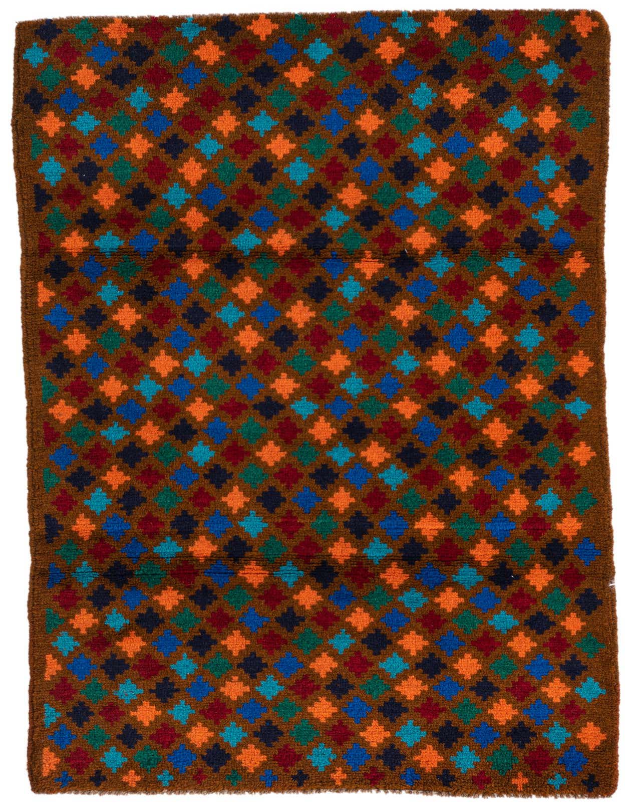 A 3x5 rectangular Balouch wool rug featuring a traditional tribal pattern of colorful diamonds in oranges, reds, blues, and greens on a brown background.
