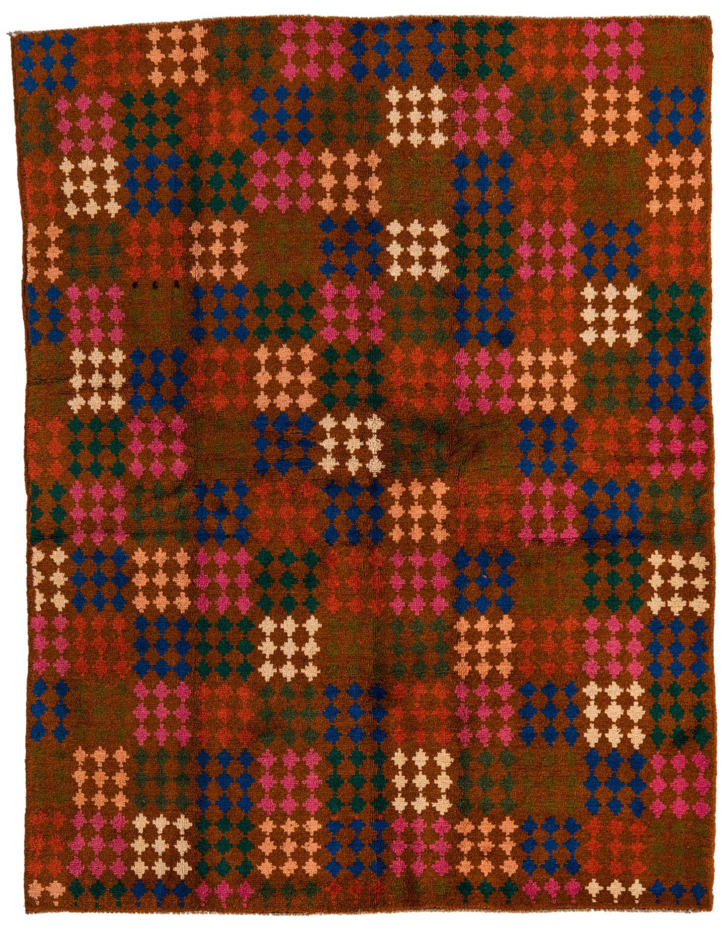 A 5x7 rectangular Balouch rug with a traditional tribal pattern in oranges, reds, blues, greens, and pinks on a brown background.