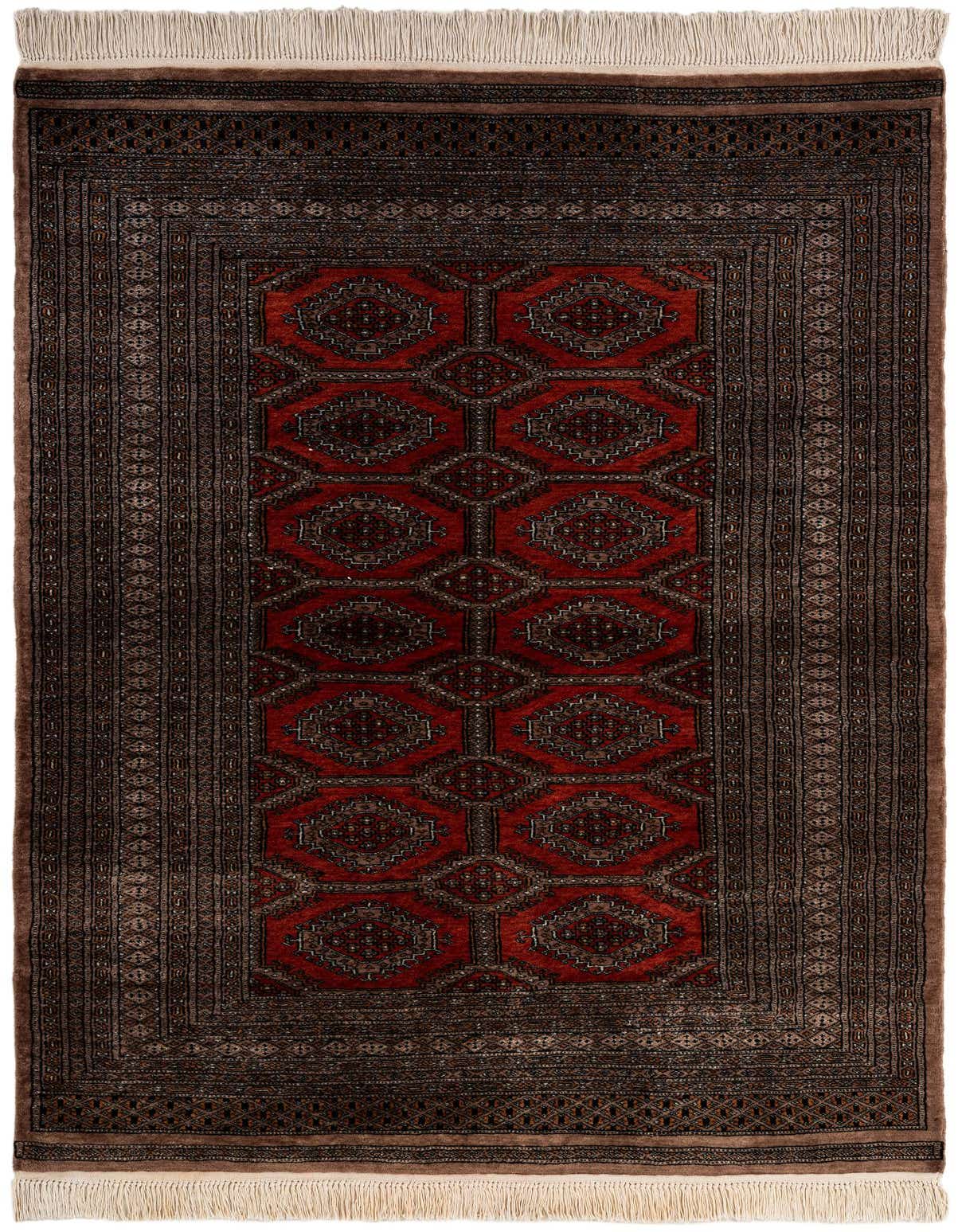 A 4x6 rectangular Bokhara rug featuring a rich red-orange center with traditional tribal patterns, framed by intricate dark brown and black borders, and finished with cream fringes.
