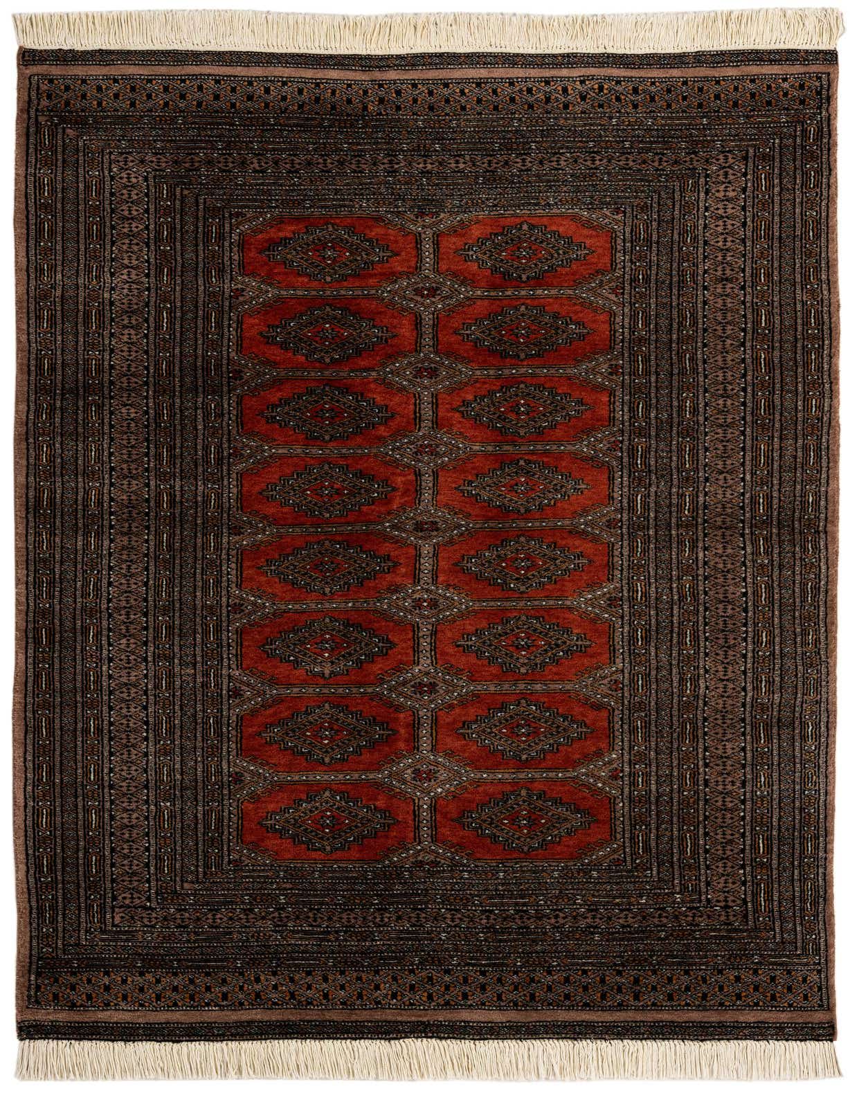 A 4x6 rectangular Bokhara rug featuring a traditional tribal pattern in deep oranges and reds with dark brown borders and fringe.