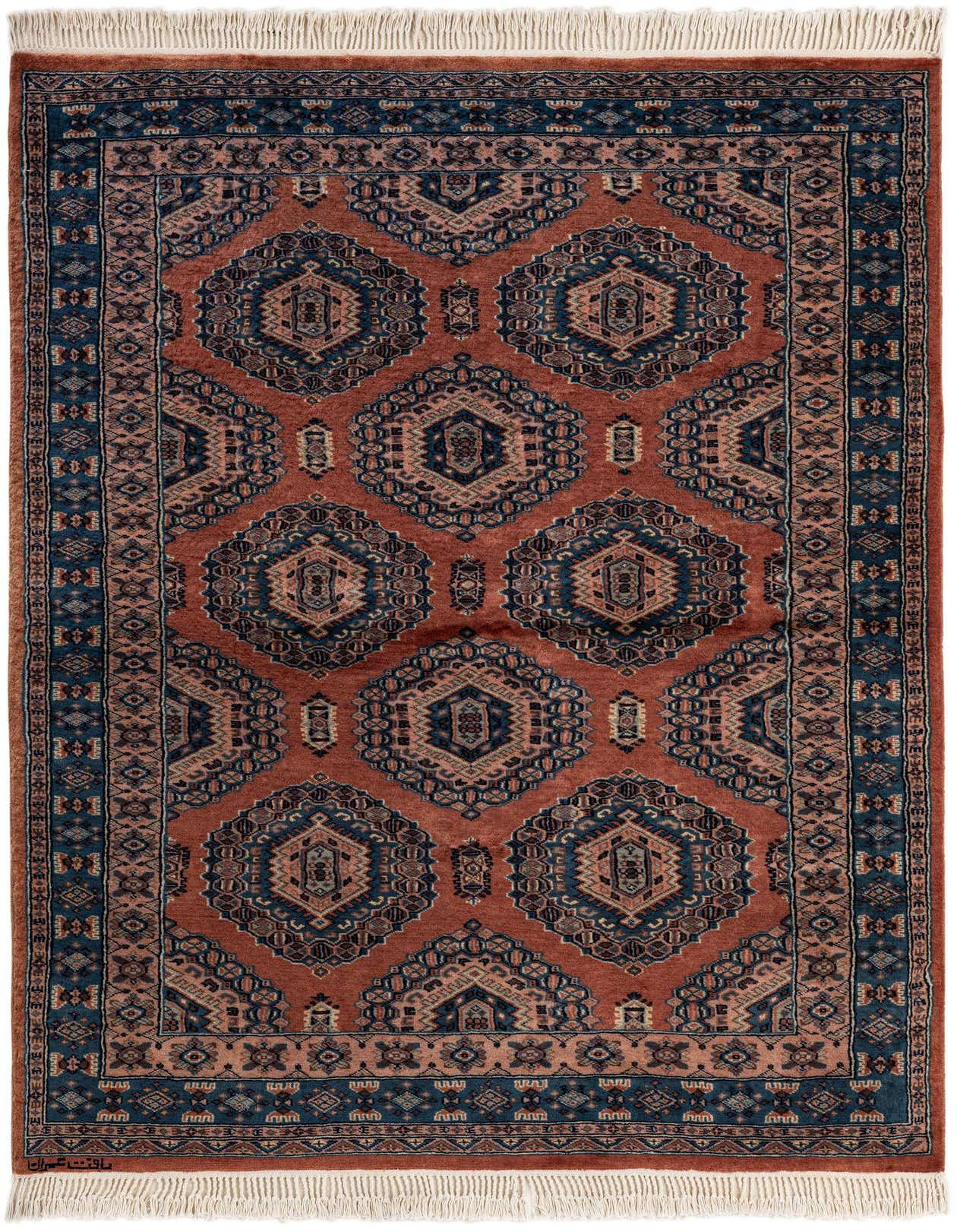 A 4x6 rectangular Bokhara rug with a rich orange-red field and intricate navy blue tribal patterns, featuring white fringe.