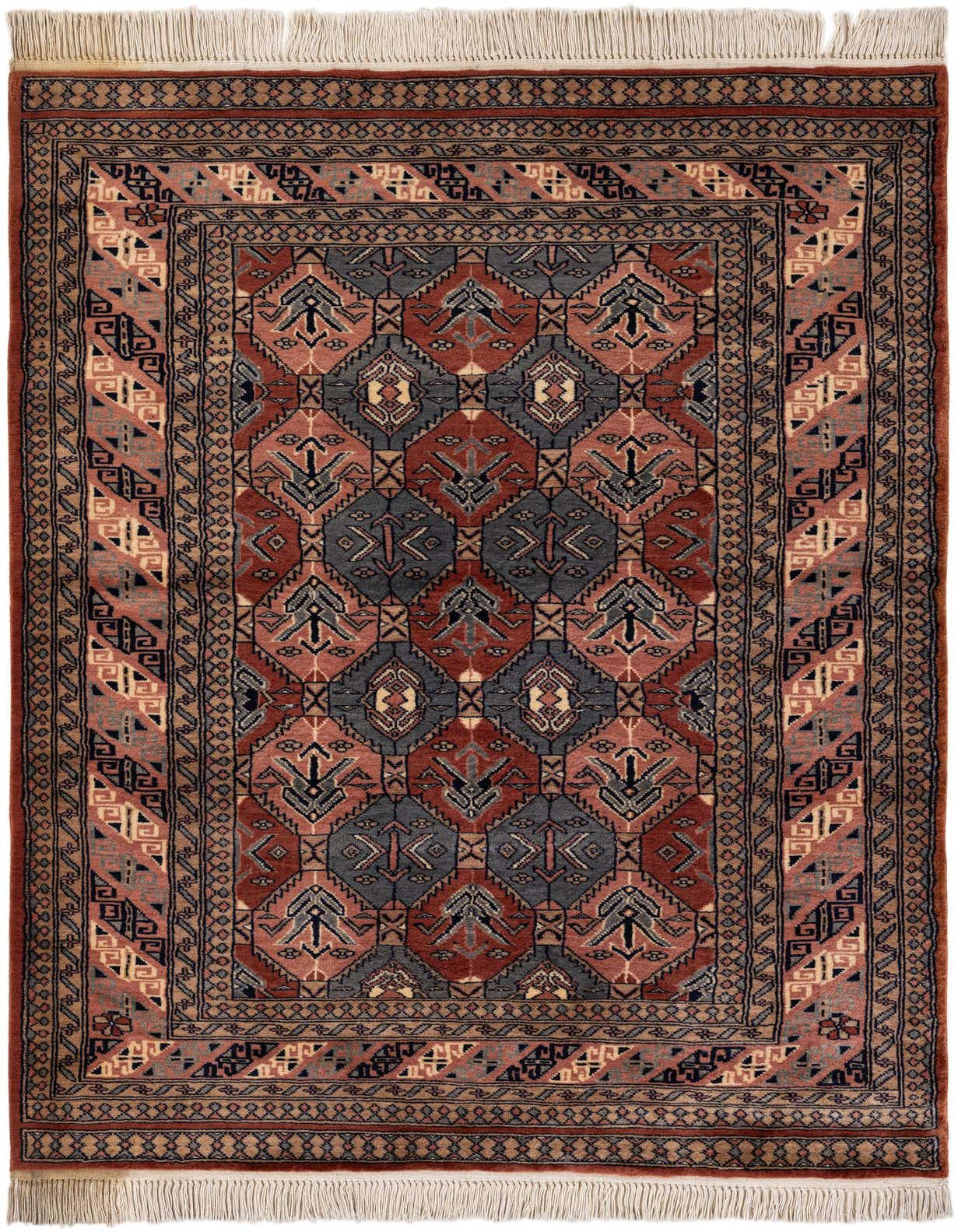 A 4x6 rectangular Bokhara rug with a tribal pattern in shades of orange, red, and slate blue, featuring intricate geometric motifs and a fringed edge.