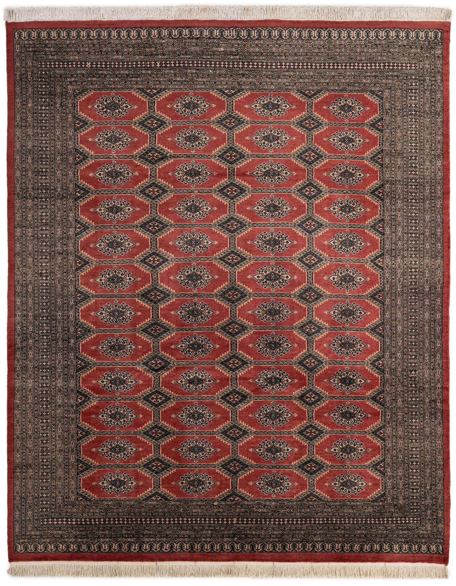 An 8x11 rectangular Bokhara rug featuring a traditional tribal pattern in rich oranges and reds with black and cream accents.