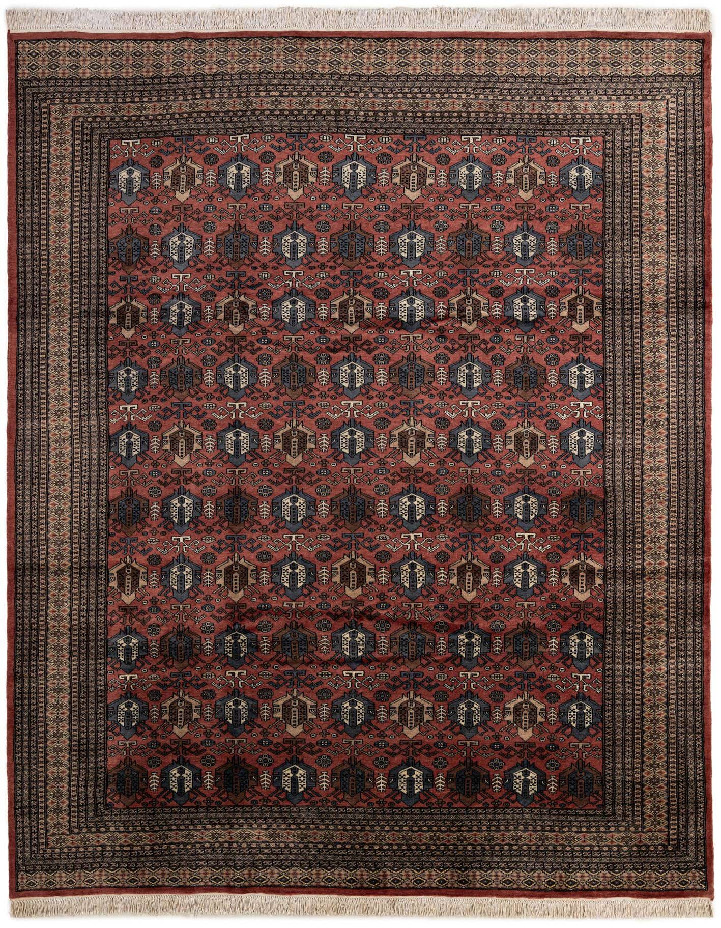 A large 8x11 rectangular Bokhara rug with a deep red and orange field, featuring intricate tribal and traditional patterns in navy, brown, and cream, with a detailed border and fringe.