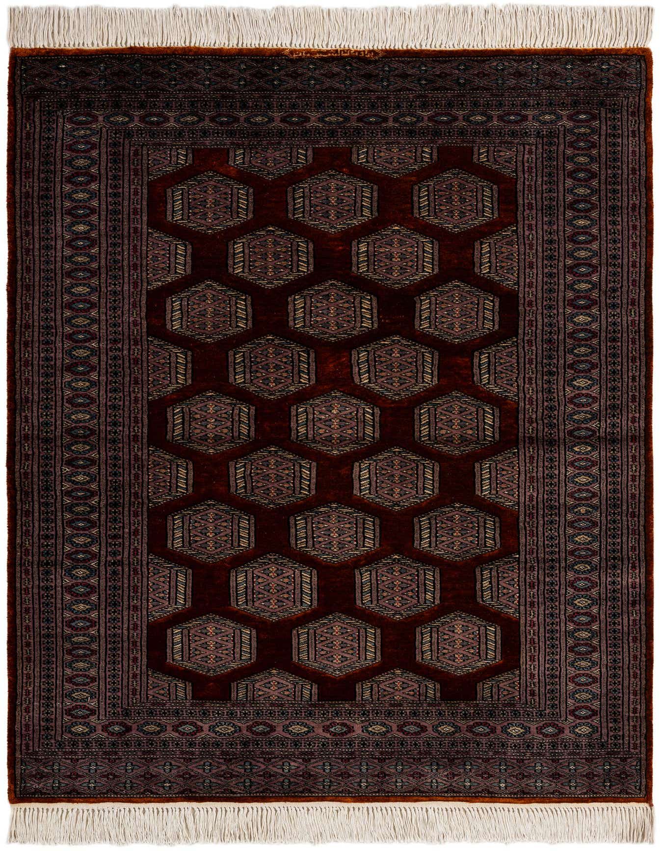 A 4x6 rectangular Bokhara wool rug with a deep red field and repeating tribal geometric patterns in oranges and reds, framed by a detailed border.