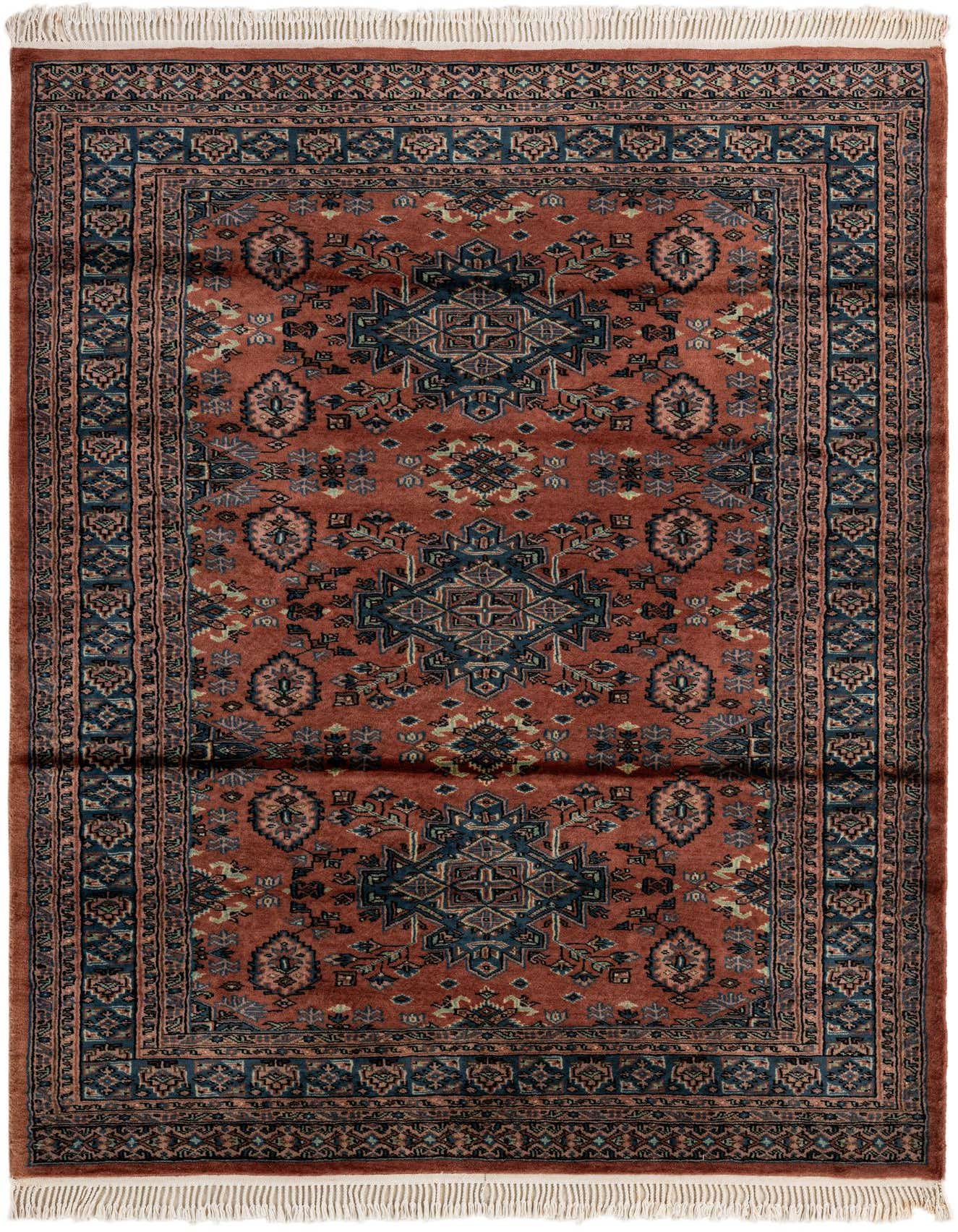 A 4x6 rectangular Bokhara wool rug in rich orange and red tones with intricate tribal patterns and a dark border, featuring white fringe.