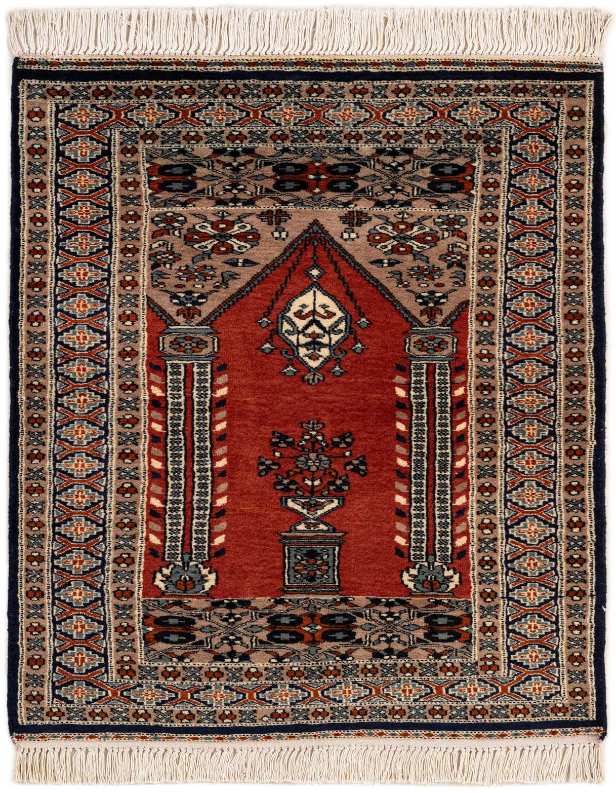 A 3x4 rectangular Bokhara wool rug featuring a traditional tribal medallion pattern in rich oranges, reds, and blues, with white fringe.