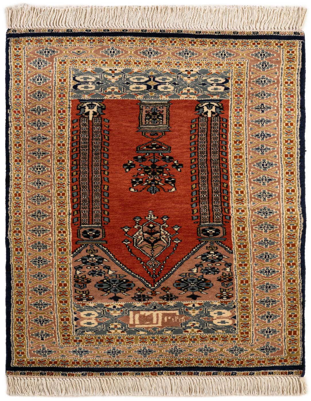 A 3x5 rectangular Bokhara rug in shades of orange and red with a traditional tribal medallion pattern and fringe.