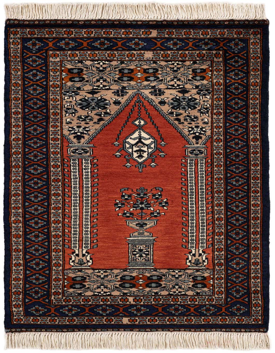 A 3x4 rectangular Bokhara rug featuring a central medallion and tribal patterns in rich oranges, reds, and navy blue.