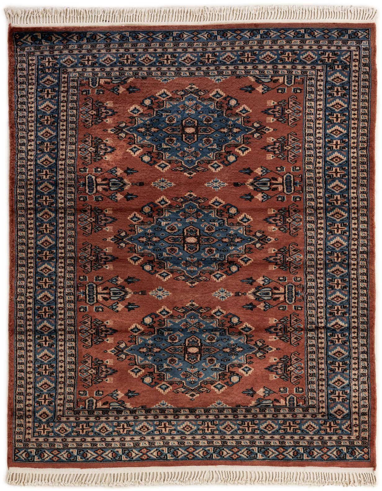 A 4x6 rectangular Bokhara rug in shades of orange and red with intricate blue tribal patterns and white fringe.