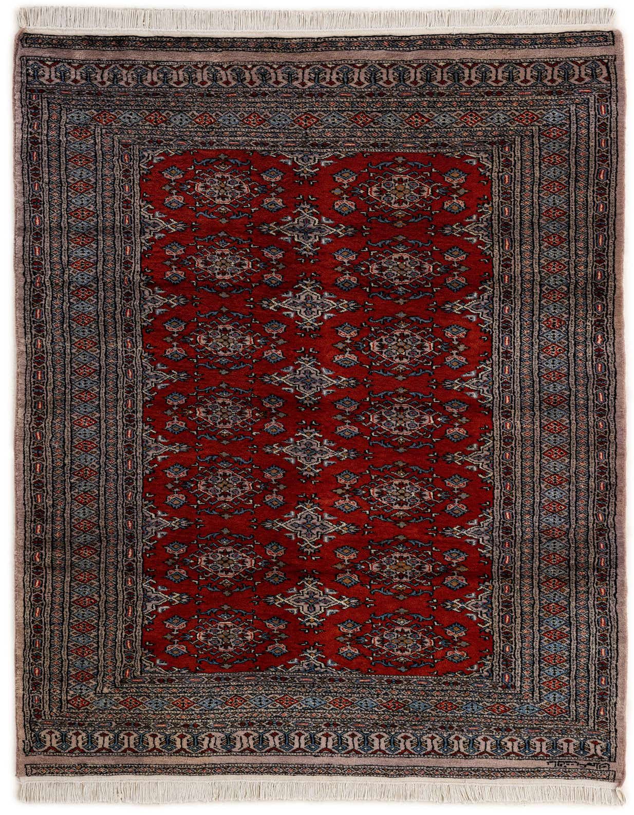 A 4x6 rectangular Bokhara rug with a deep red field and intricate tribal patterns in blue, orange, and cream, featuring a detailed border.