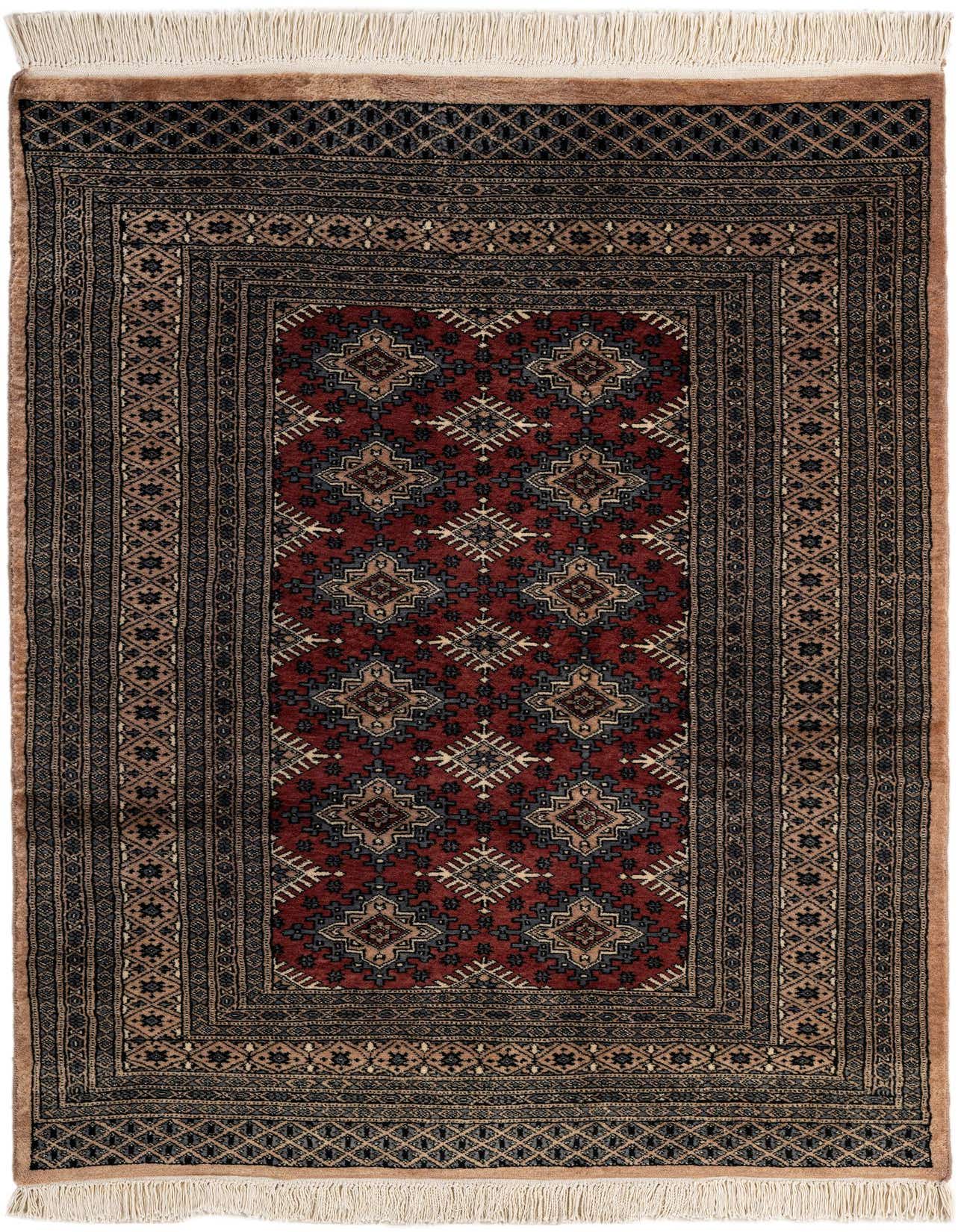 A 4x6 rectangular Bokhara rug with a deep red field and intricate tribal patterns in black and beige, featuring fringed ends.
