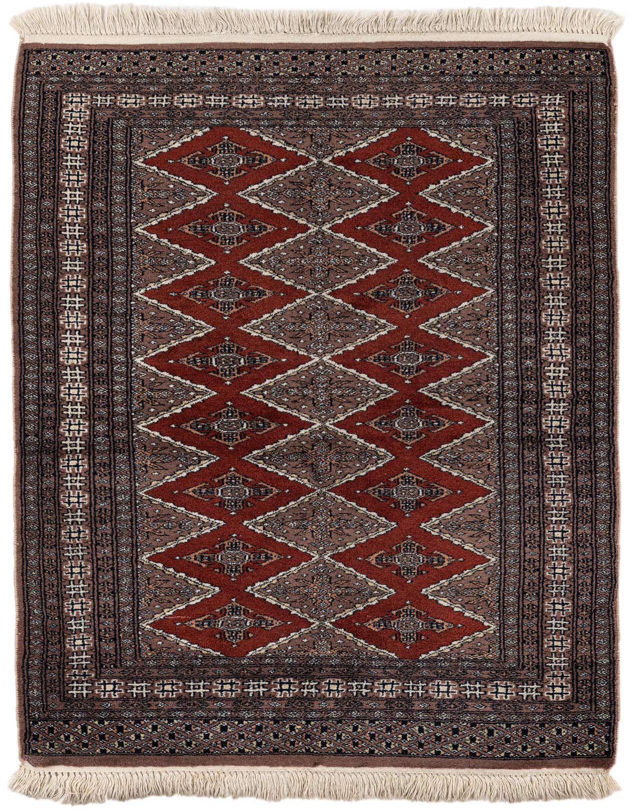 A 3x5 rectangular Bokhara wool rug featuring a traditional tribal pattern with red and orange diamond motifs on a dark background, with white fringe.
