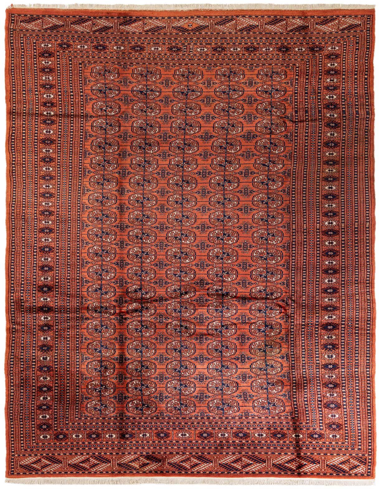 A 7x10 rectangular Bokhara rug featuring traditional tribal patterns in rich oranges, reds, and deep blue accents.