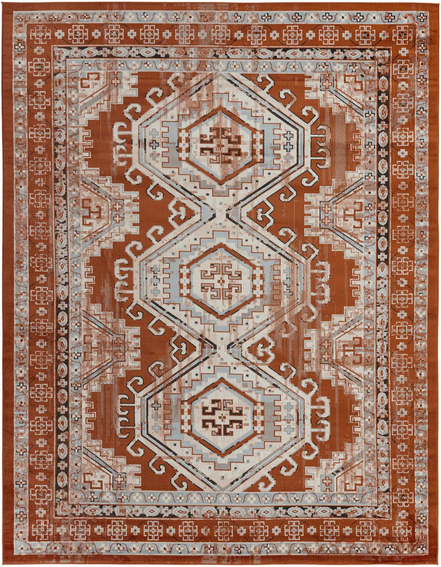 A 9x12 rectangular Charlotte rug from Rugs.com featuring a traditional tribal pattern in oranges, reds, and creams.