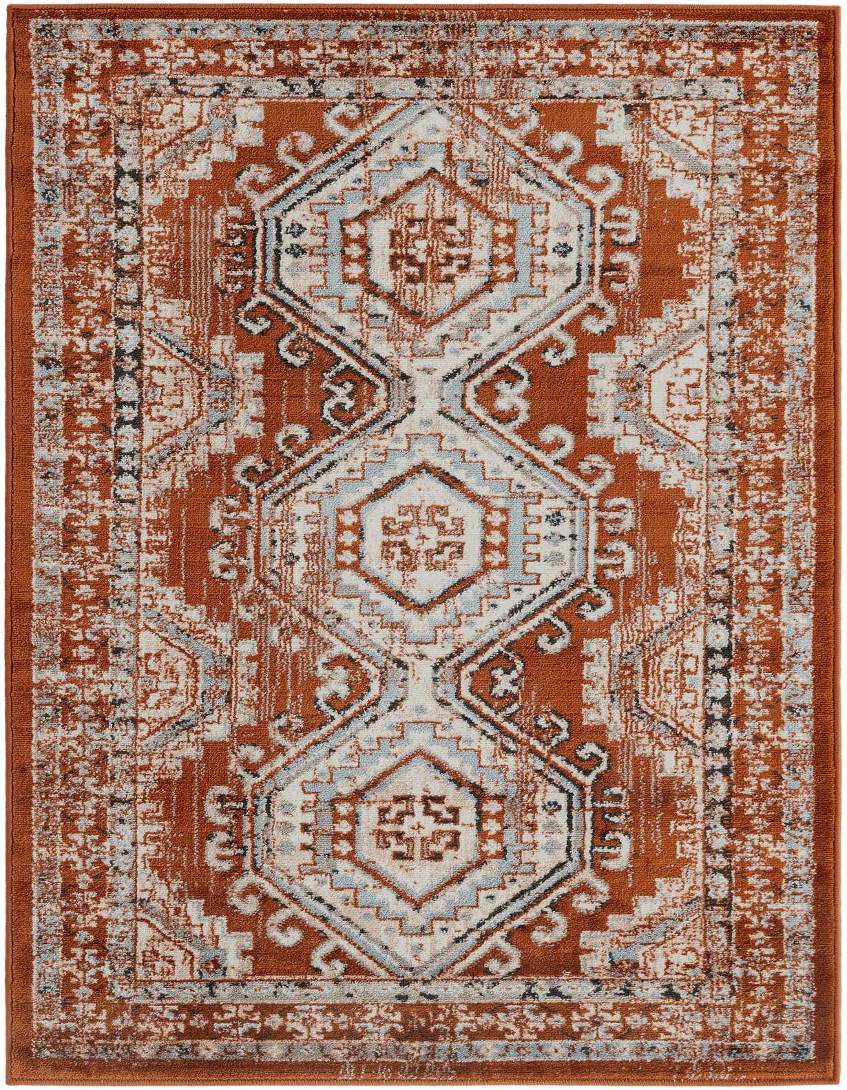 A 3x5 rectangular Charlotte rug with a distressed tribal pattern in shades of rust orange, cream, light blue, and black.